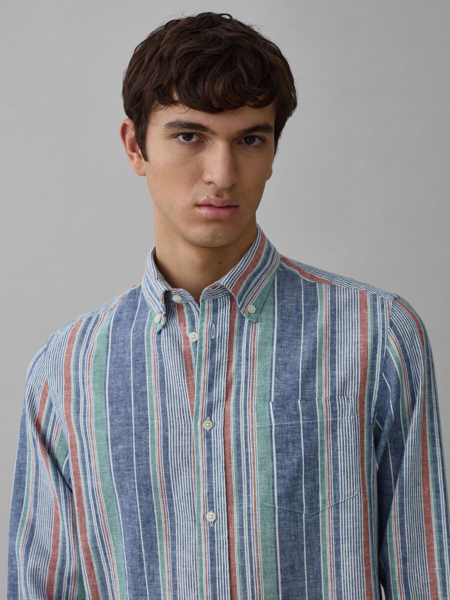 Camicia in lino e cotone a righe multicolor_1