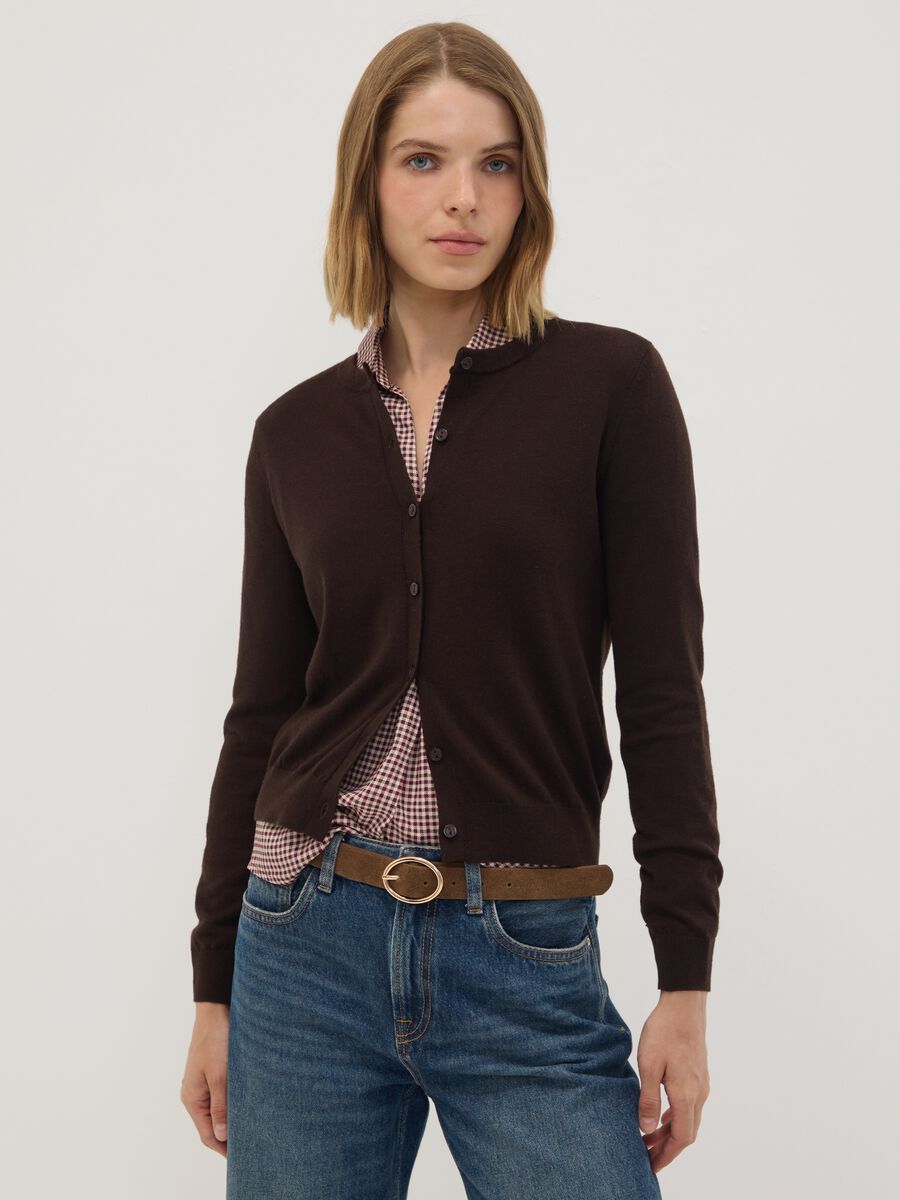 Brown wool-blend crew-neck cardigan_1