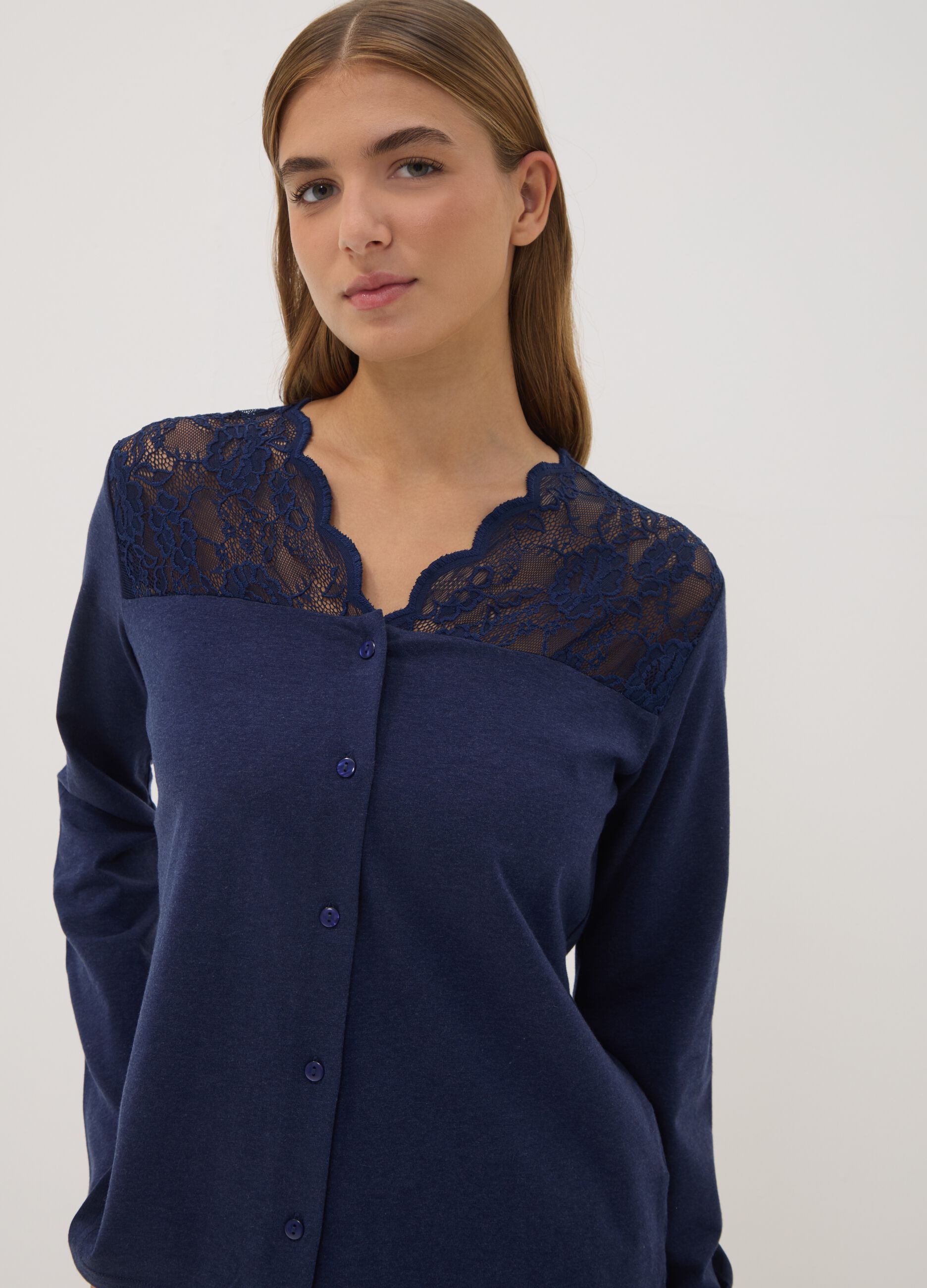 Maglia pigiama blu con scollo a V in cotone, lyocell e lana elasticizzata