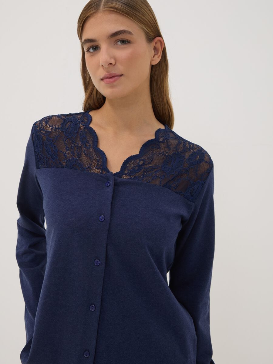 Maglia pigiama blu con scollo a V in cotone, lyocell e lana elasticizzata_2