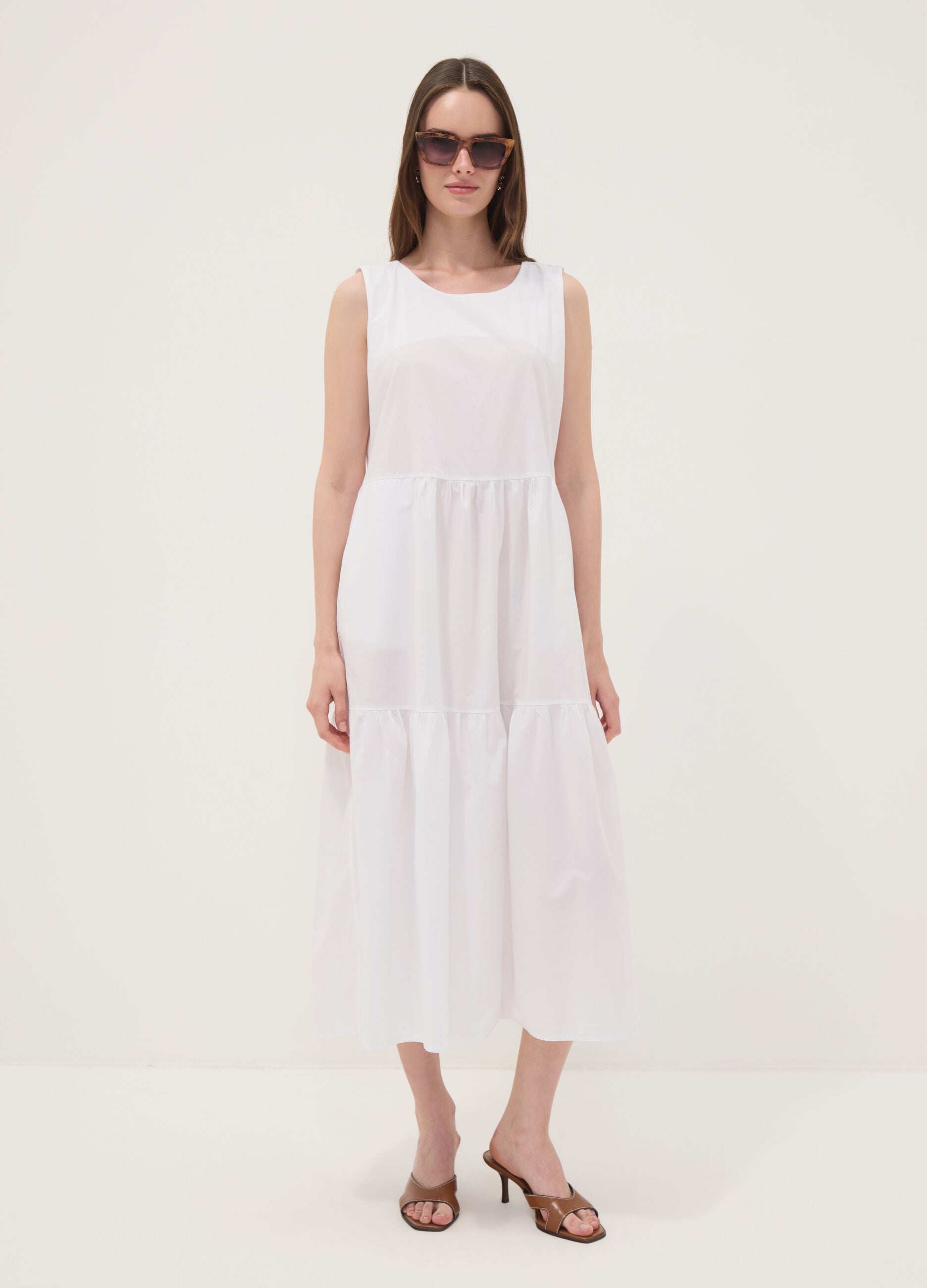 White sleeveless pure cotton tiered dress, regular fit