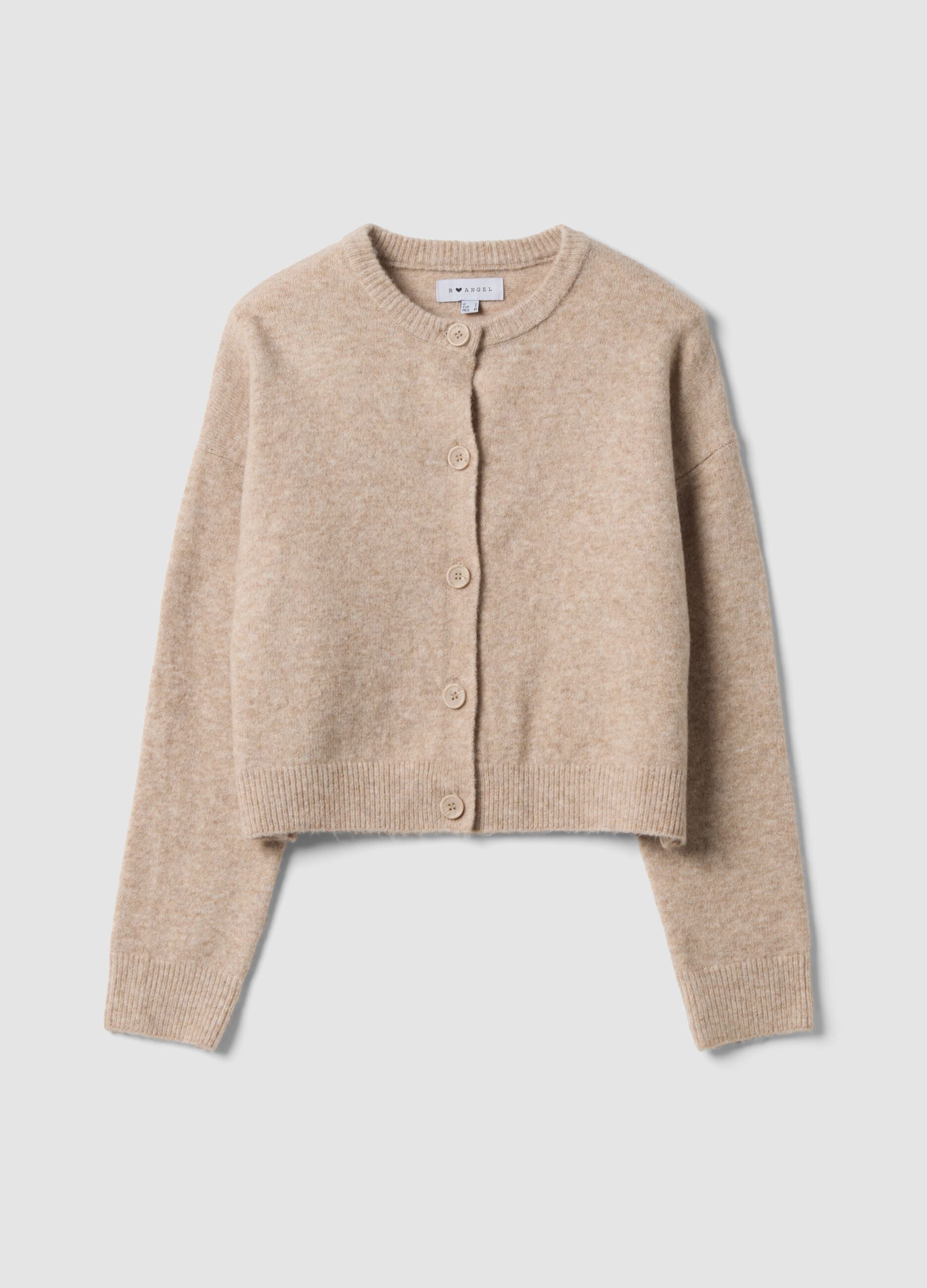 Cardigan beige in tessuto elasticizzato con girocollo over fit