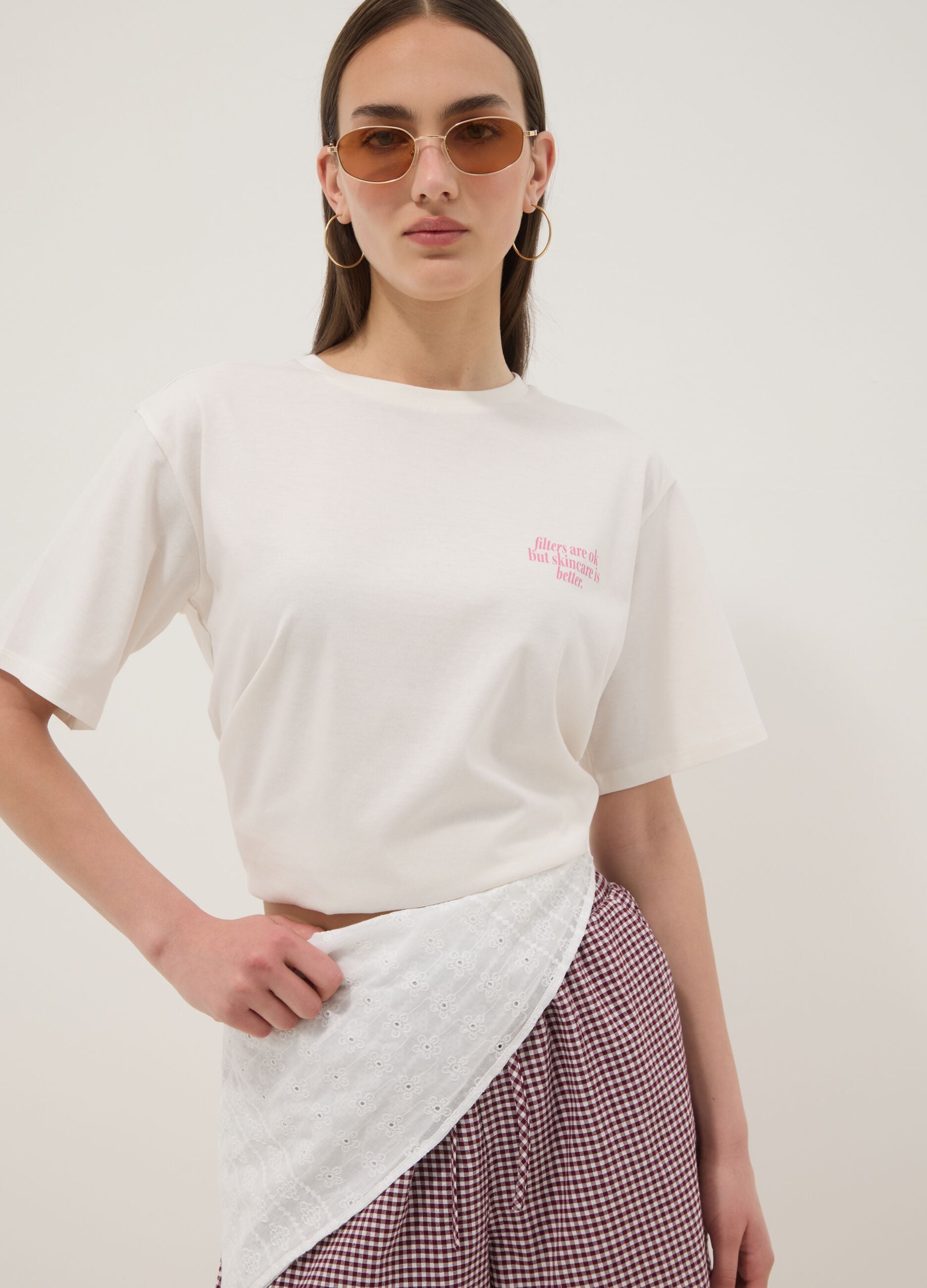 White pure cotton T-shirt with beauty slogan, relaxed fit