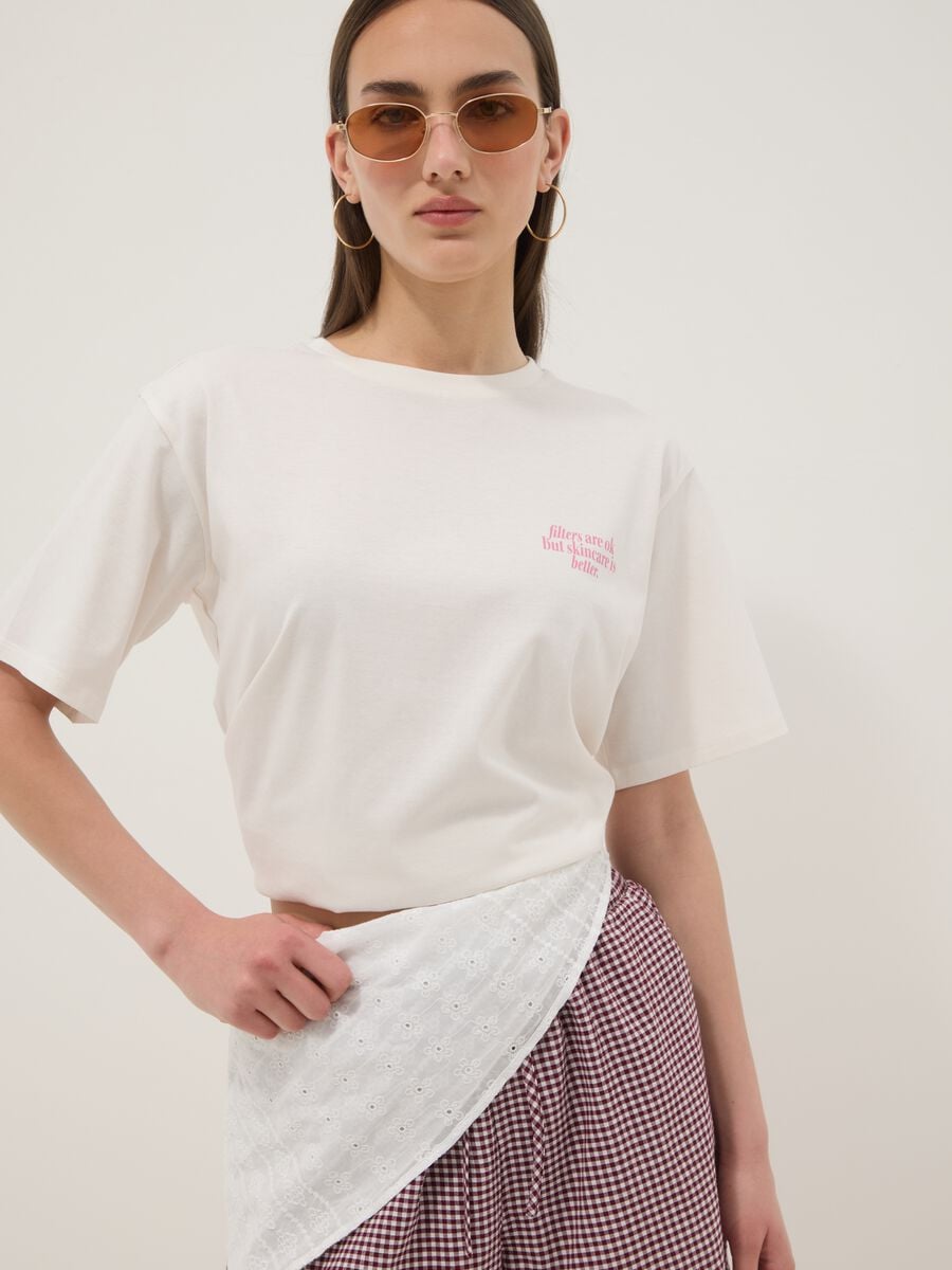 White pure cotton T-shirt with beauty slogan, relaxed fit_3