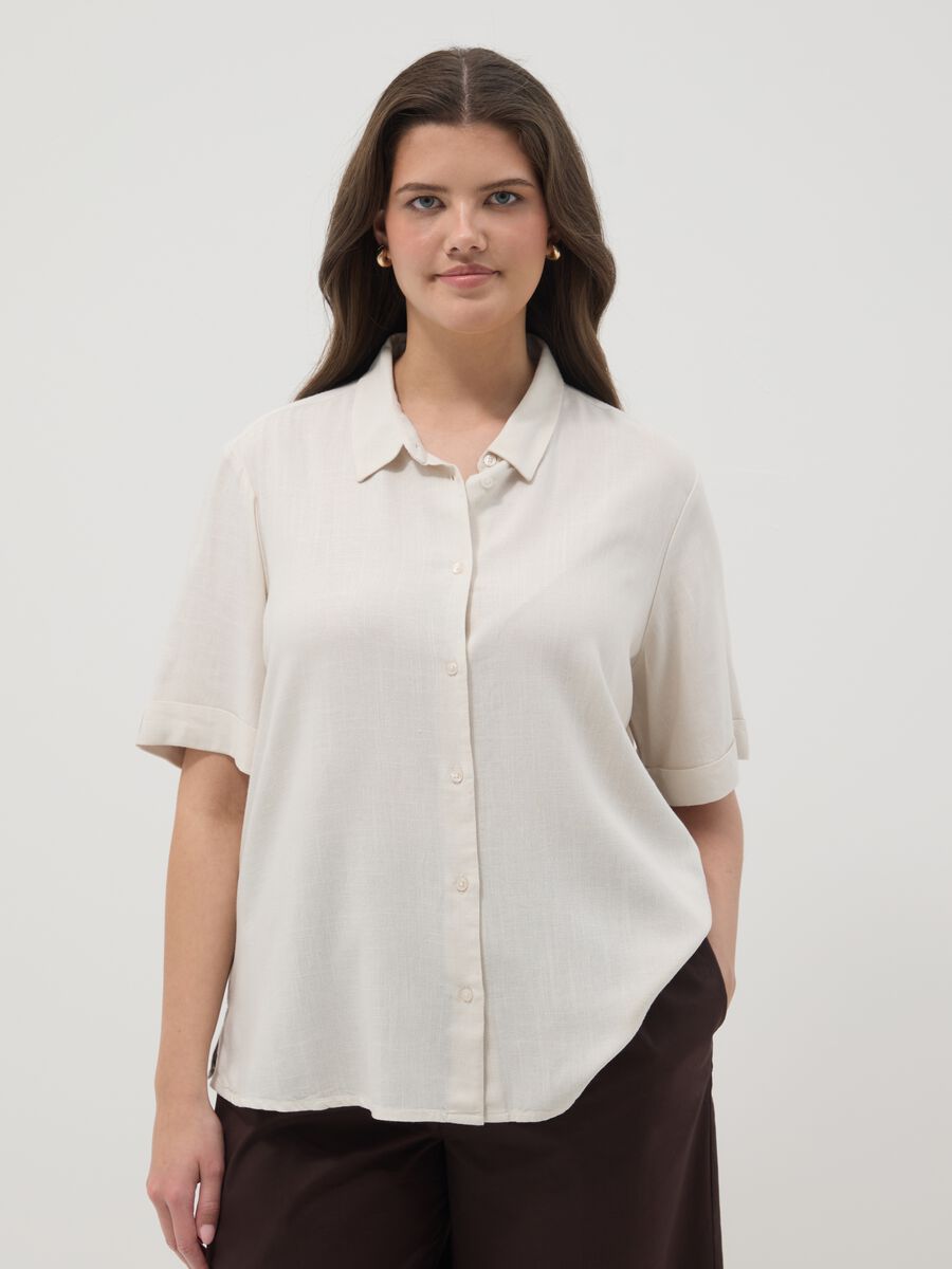 Camicia in misto viscosa e lino bianca regular fit_1