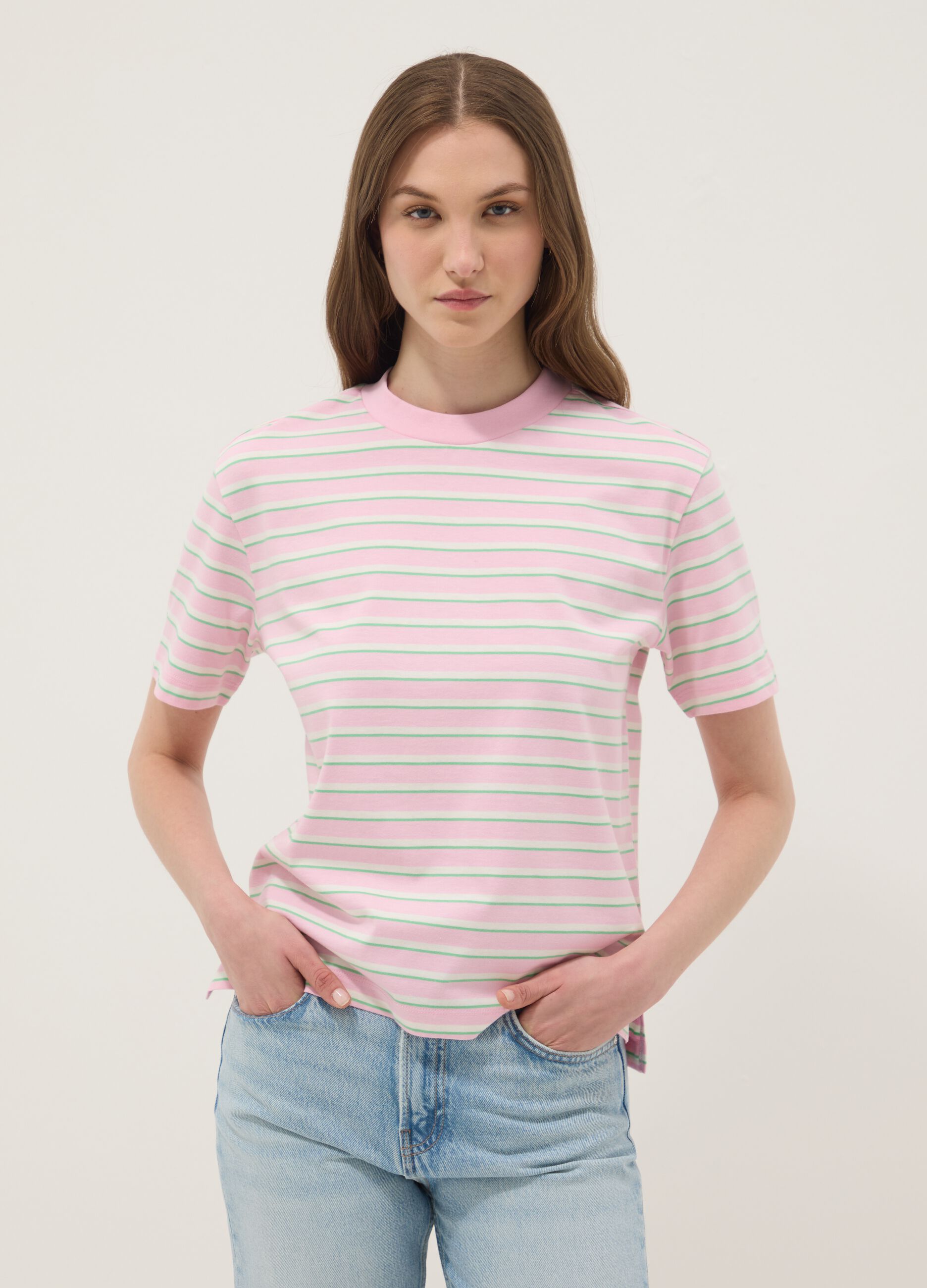 Pink striped pure cotton T-shirt