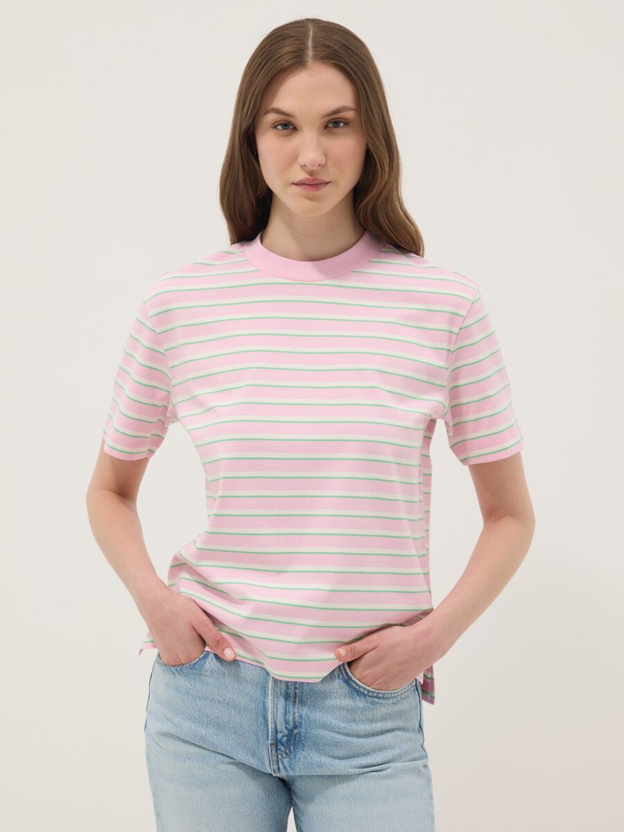 T-shirt rosa a righe in puro cotone_1