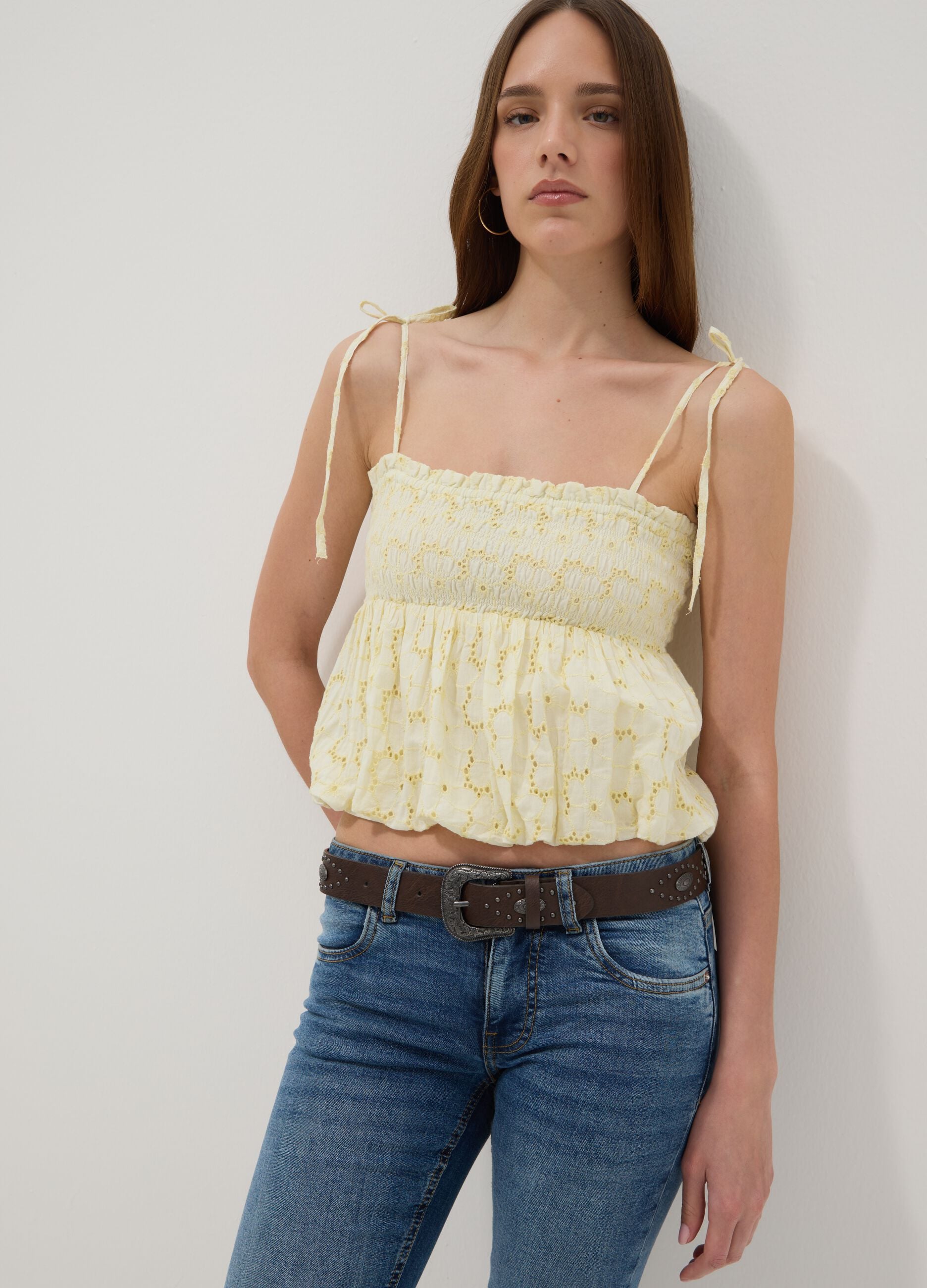 Yellow pure cotton cropped top with thin straps