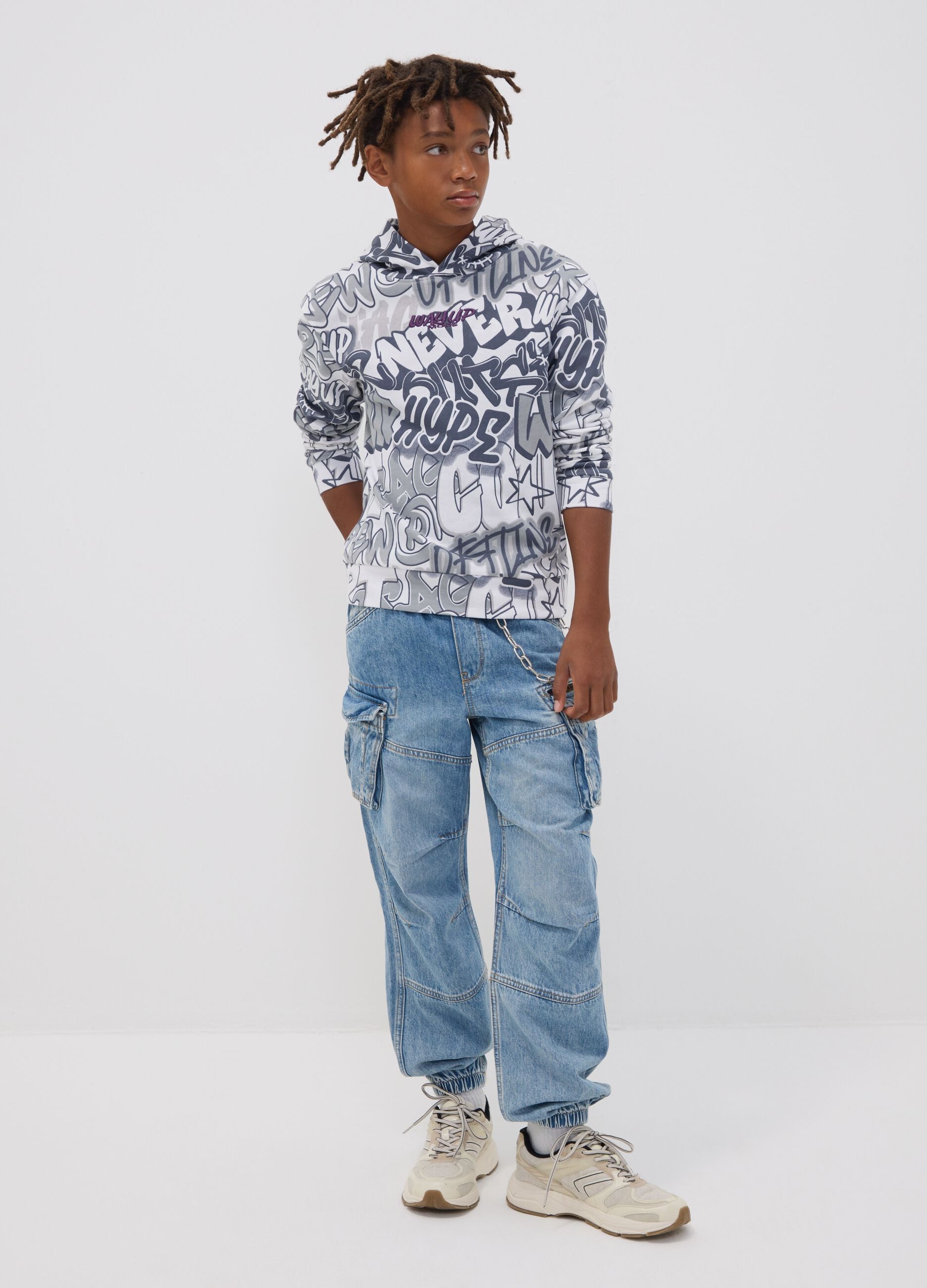 Light blue pure cotton cargo jeans with elasticated waist, relaxed fit