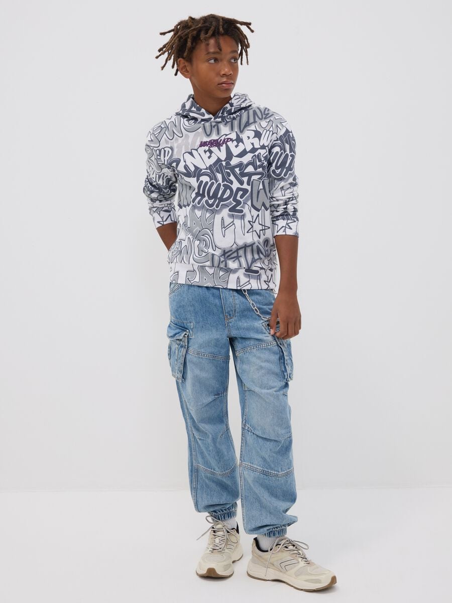 Light blue pure cotton cargo jeans with elasticated waist, relaxed fit_1