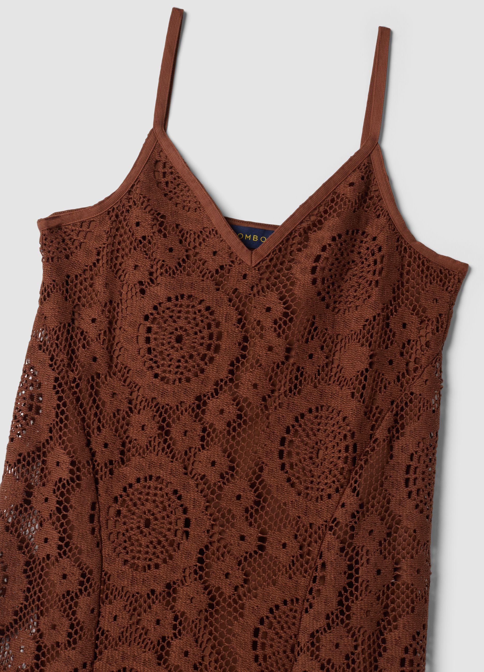 Long brown crochet dress with V-neck, regular fit