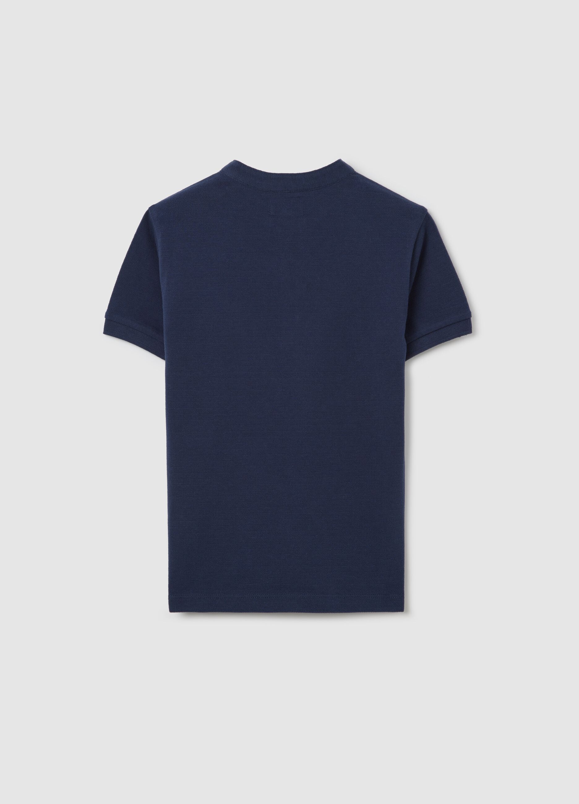 Polo blu in cotone con collo alla coreana