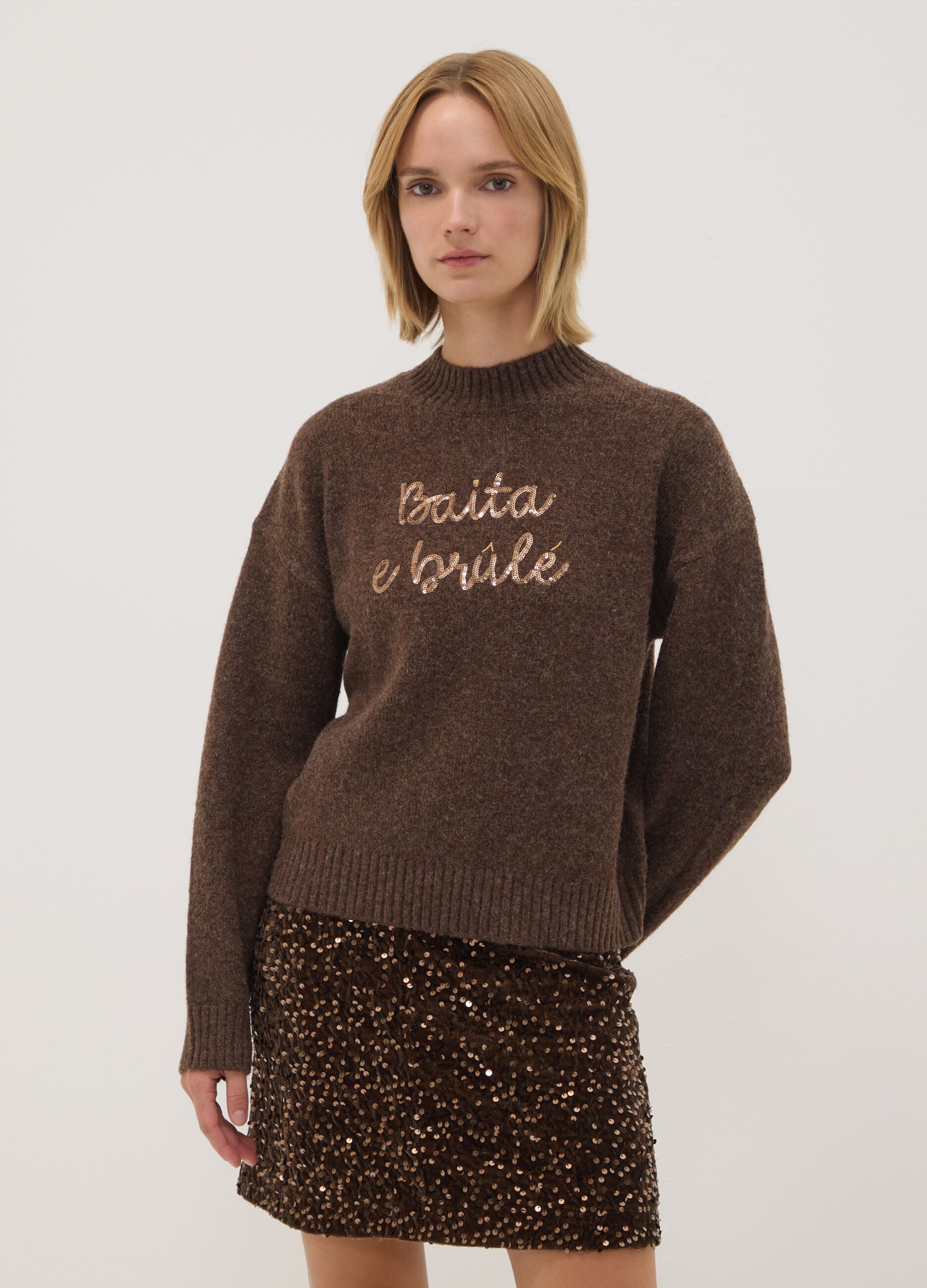 Brown wool-blend jumper with high neck, oversized fit