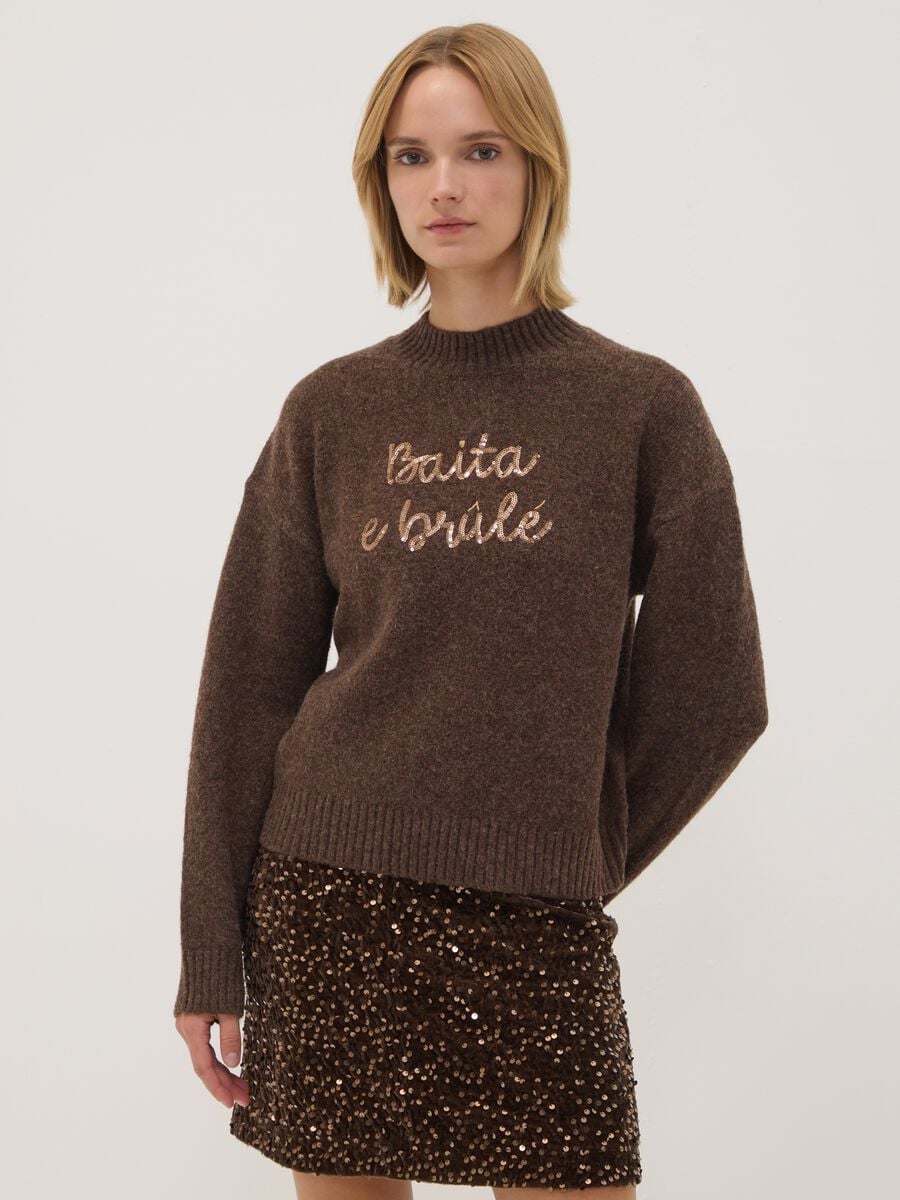 Maglia marrone in misto lana con collo rialzato over fit_0
