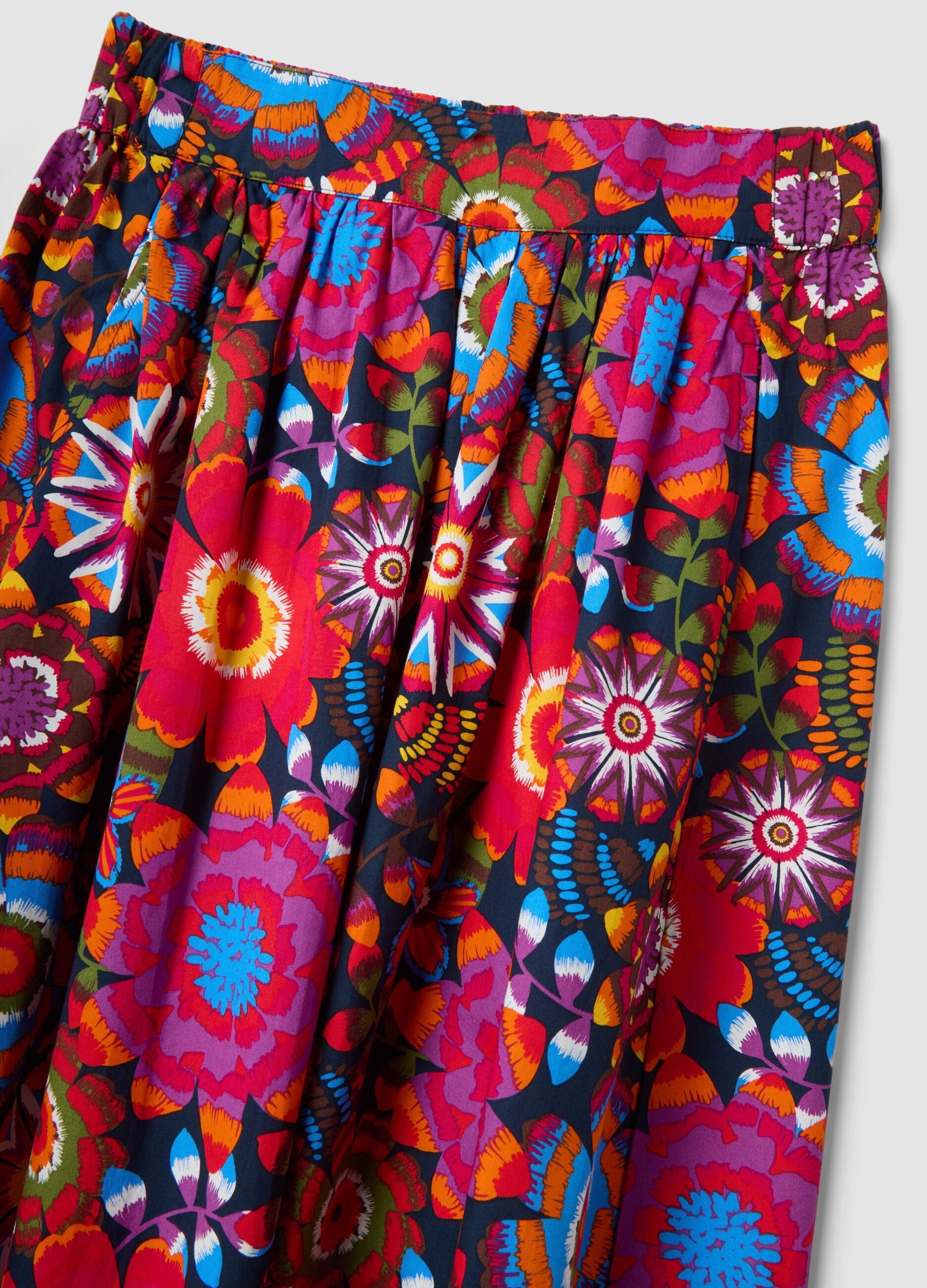 Multicolour midi skirt in pure cotton with elasticated waist
