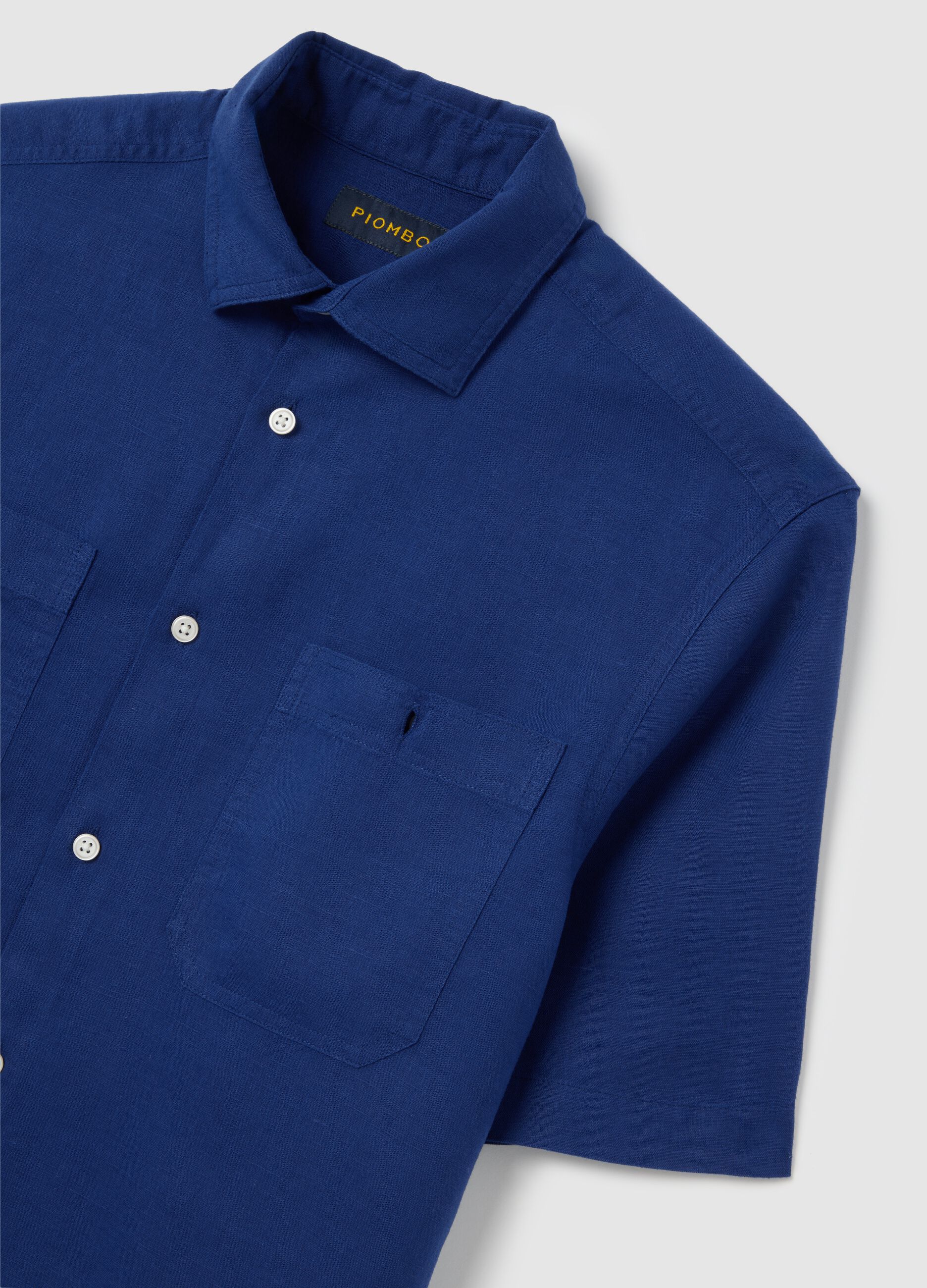 Camicia da uomo in lino e cotone blu regular fit con tasche
