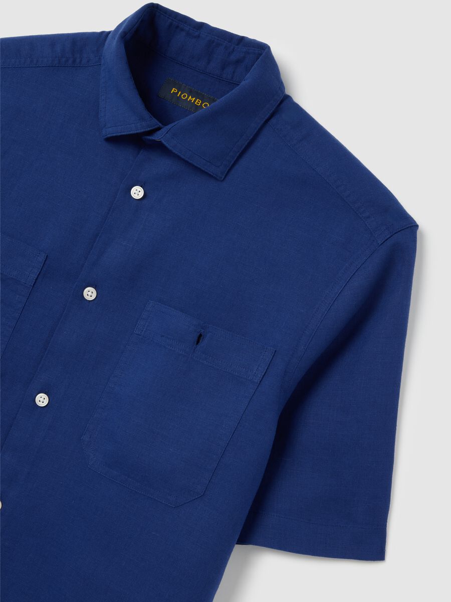 Blue Short Sleeve Linen and Cotton Piombo Shirt_5