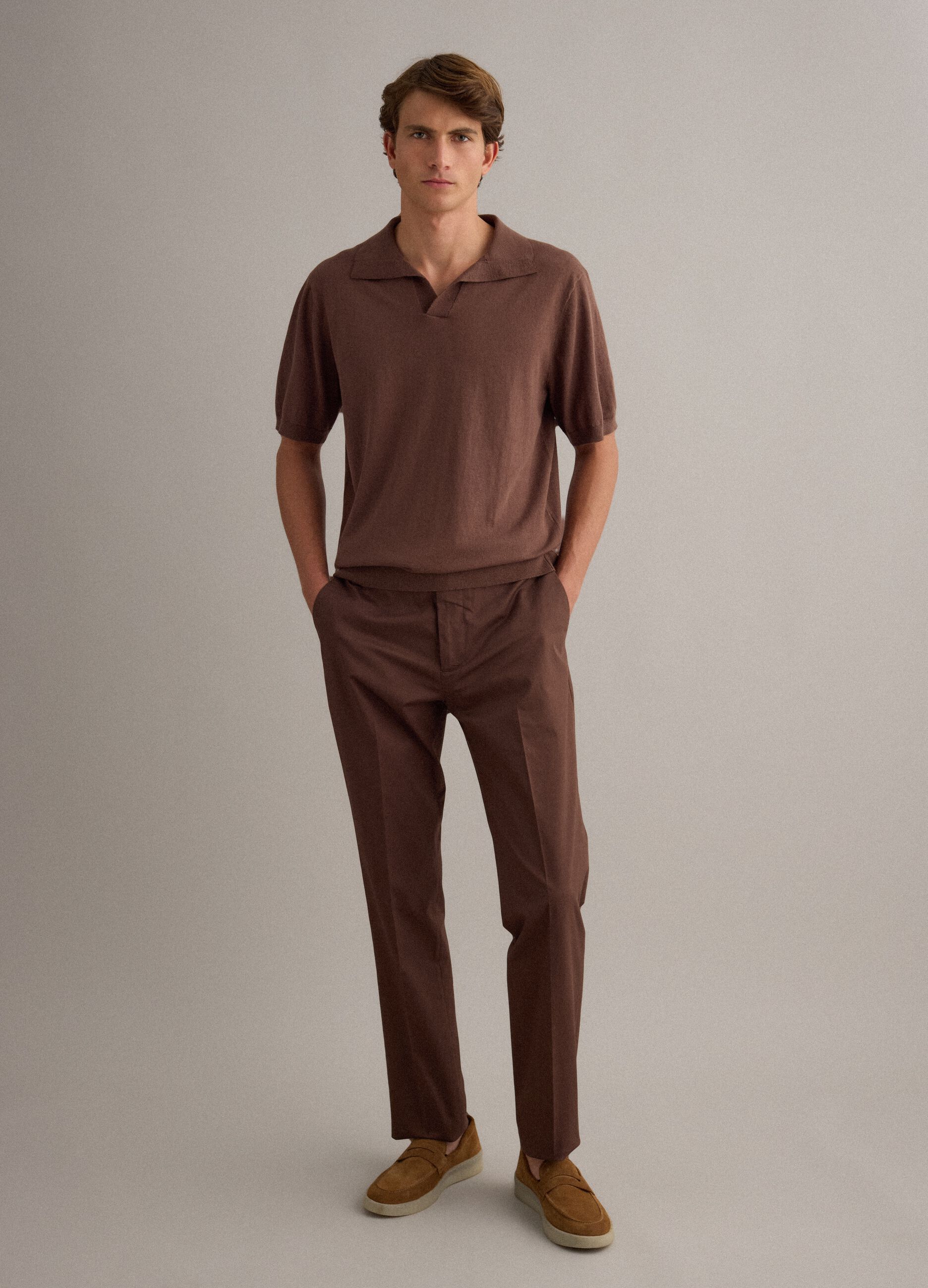Short-sleeved brown polo shirt in pure cotton