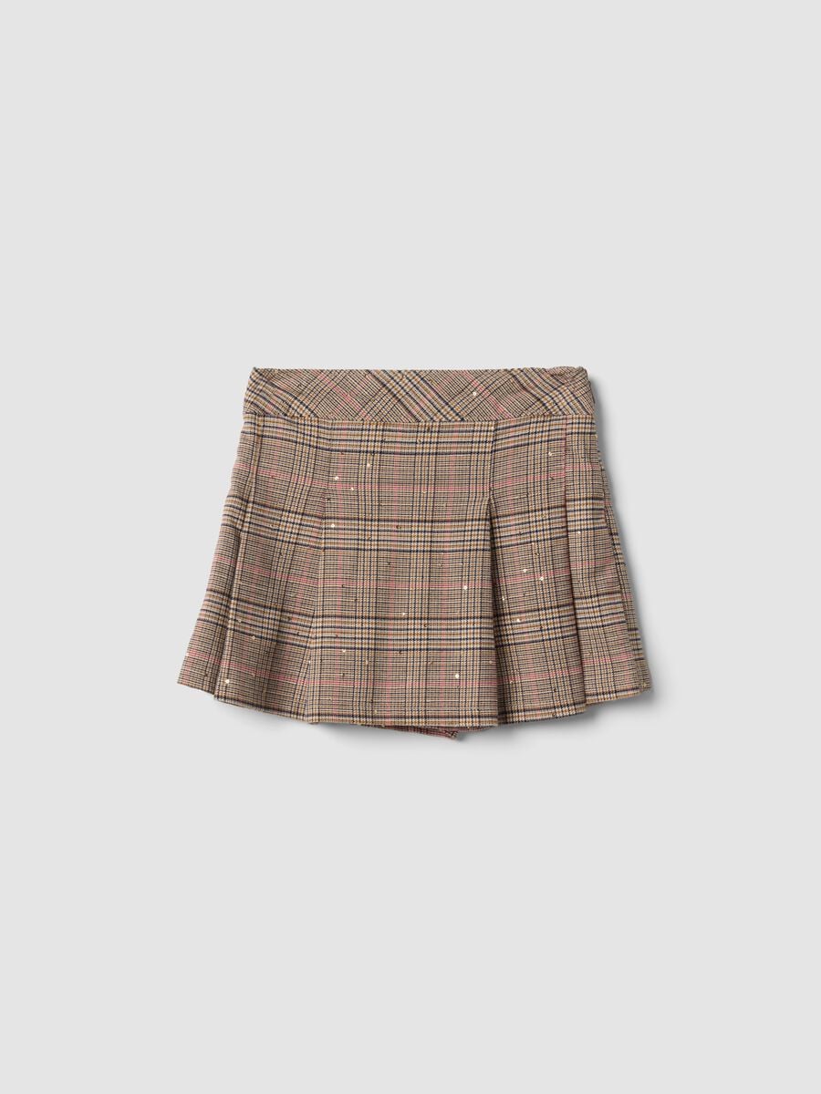 Gonna pantalone marrone in viscosa elasticizzata a quadri per bambina_0
