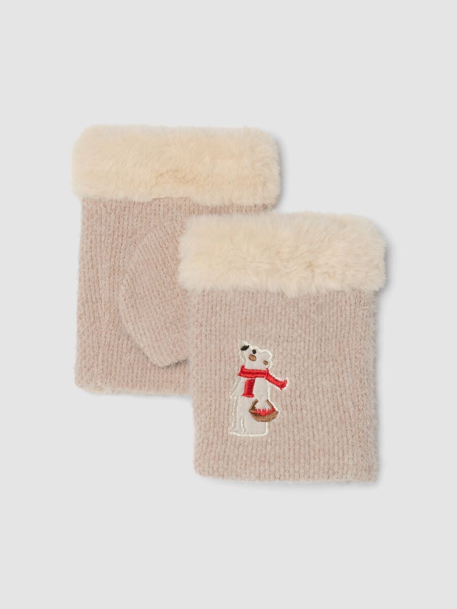 Guanti beige in maglia con risvolto effetto teddy e ricamo_0