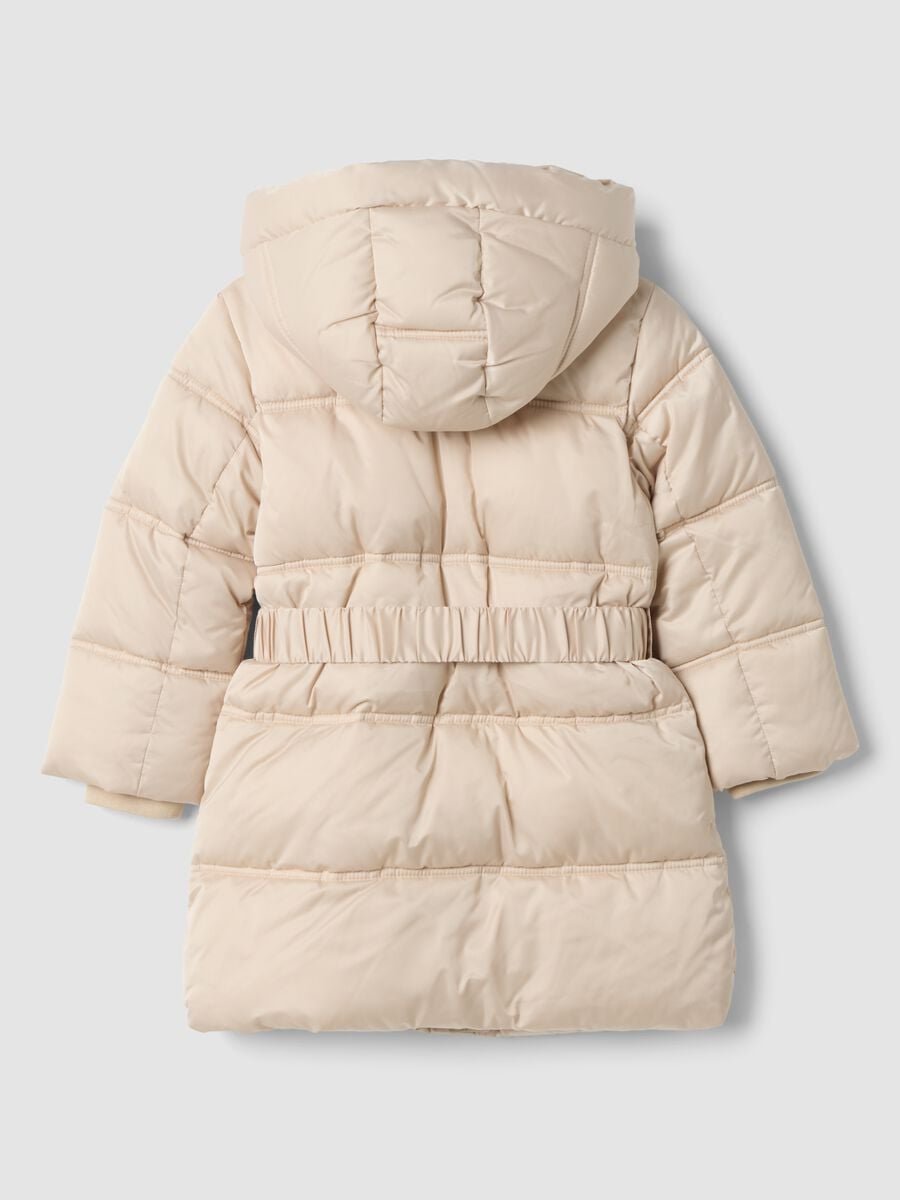 Beige long padded puffer coat with hood and belt_1