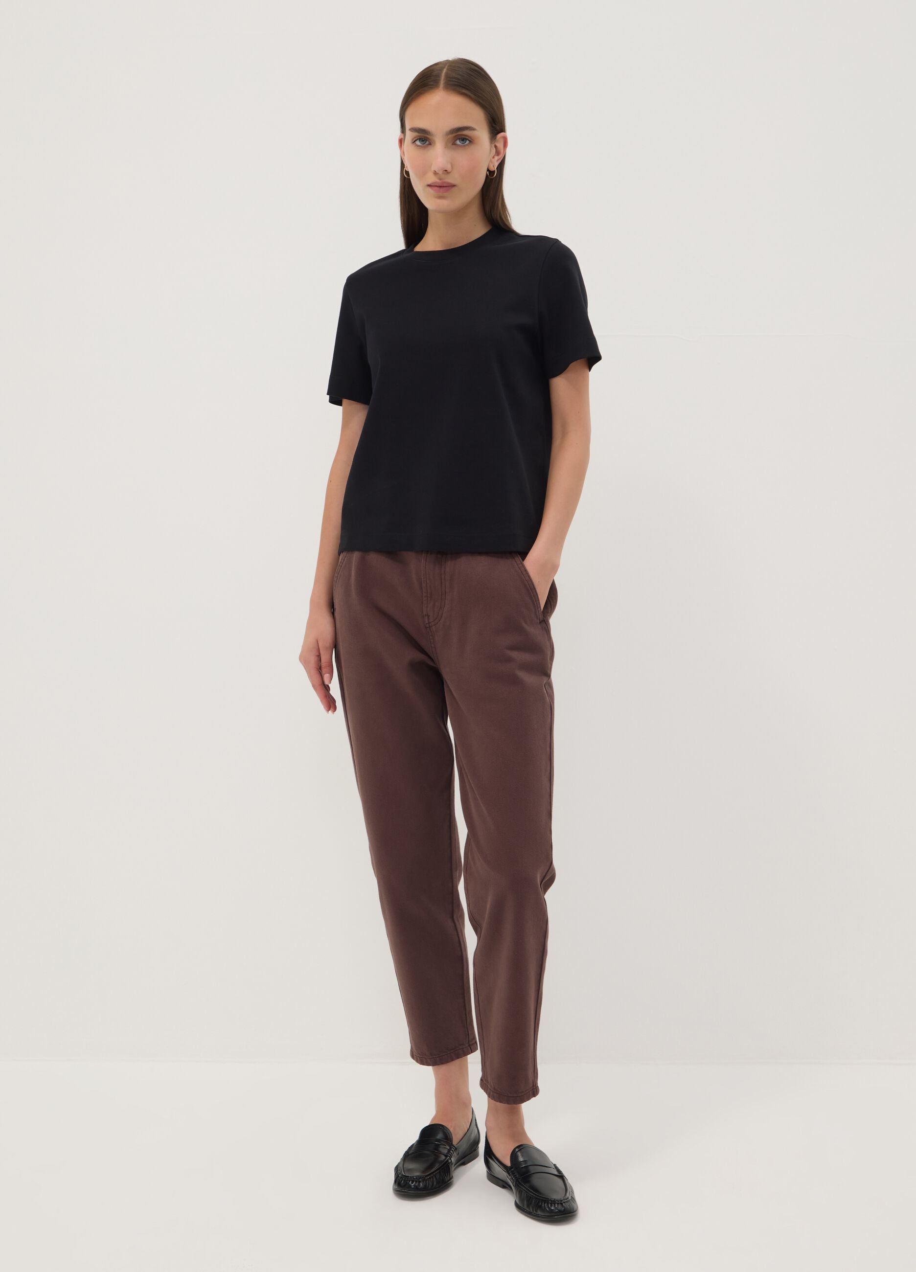 Brown baggy-fit pure cotton denim jeans with paperbag waist