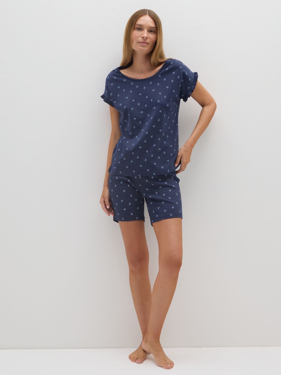 Maglietta pigiama blu in cotone con stampa floreale_0
