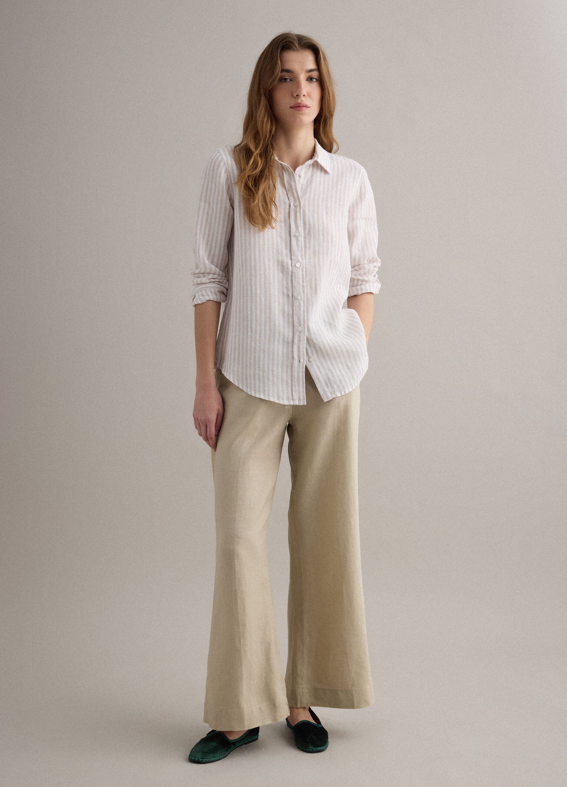 Pure linen striped shirt in white and beige regular fit