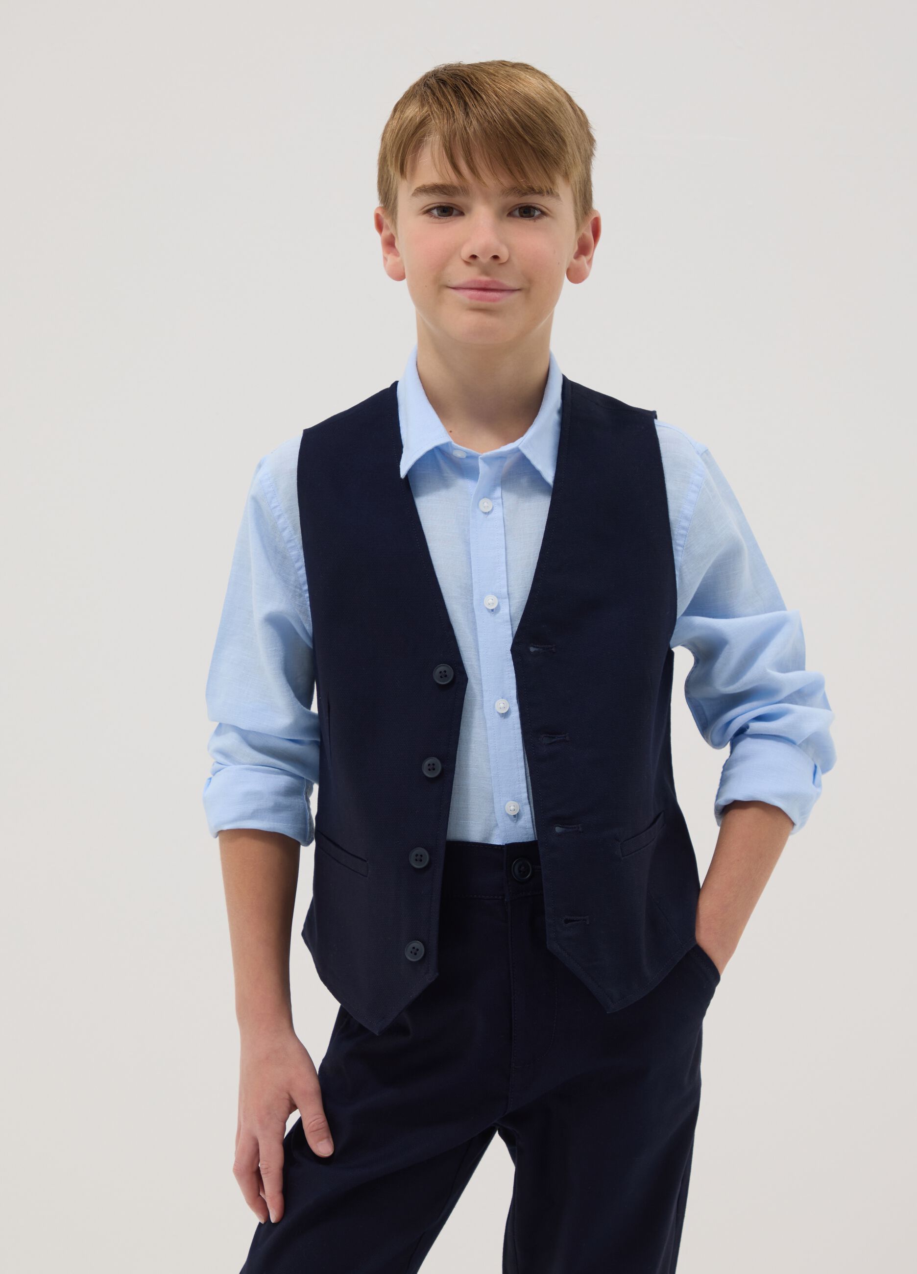 Boys' regular fit blue stretch cotton waistcoat