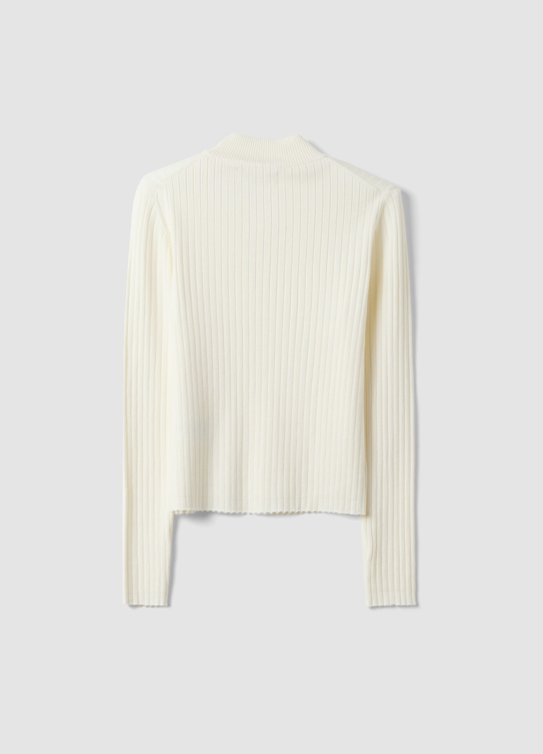 White fitted ribbed viscose-blend top with high neck