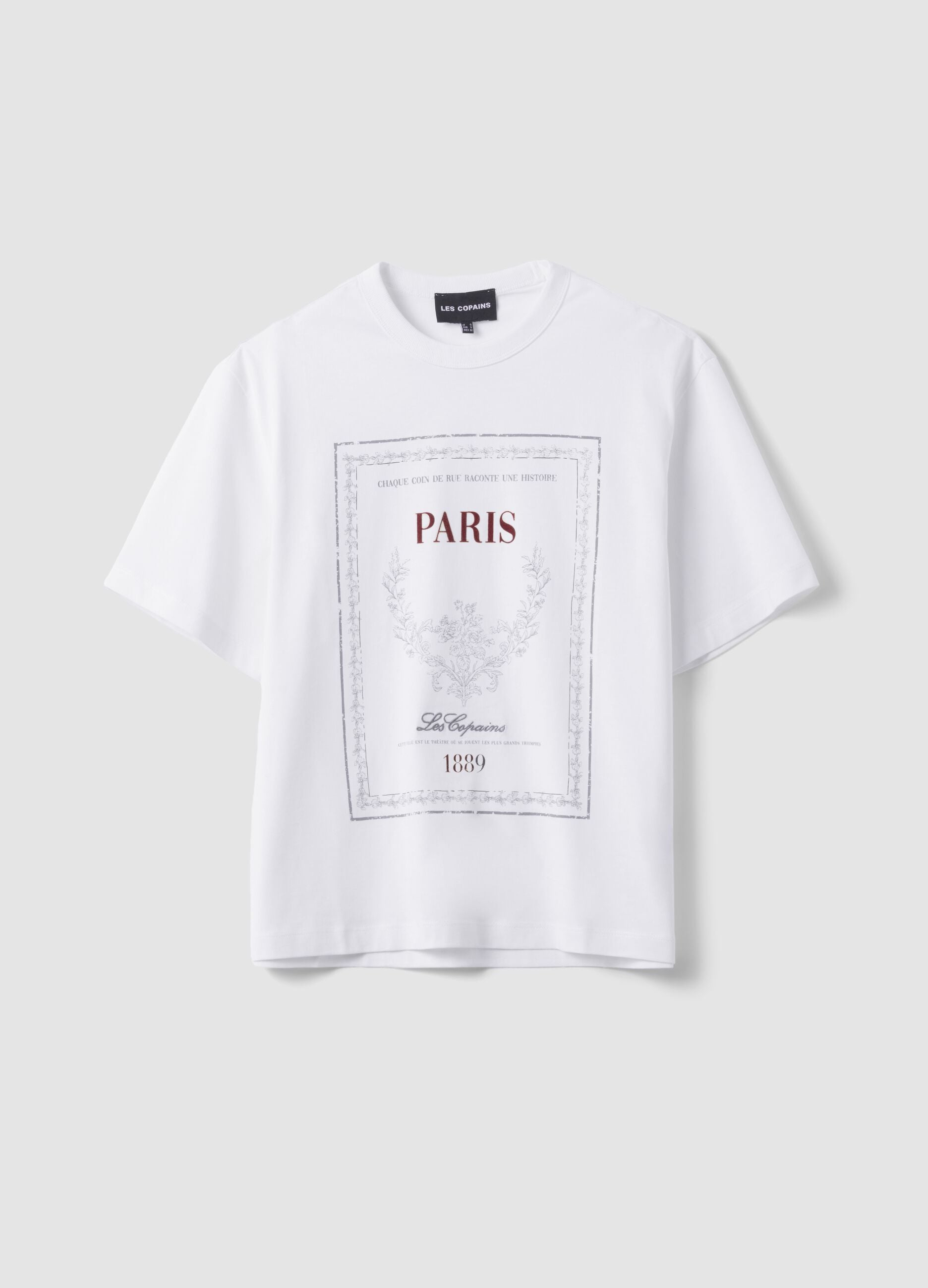 White pure cotton crew-neck T-shirt with print, relaxed fit