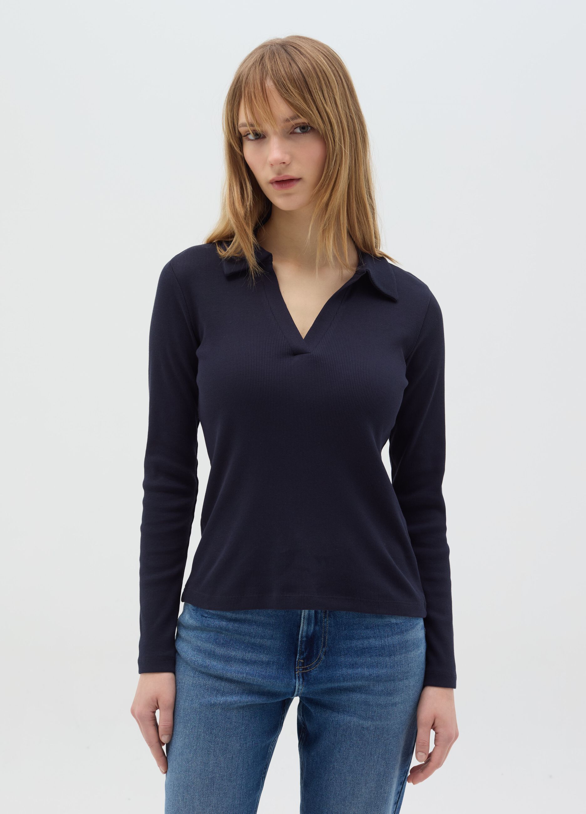 Ribbed T-shirt with polo shirt neck