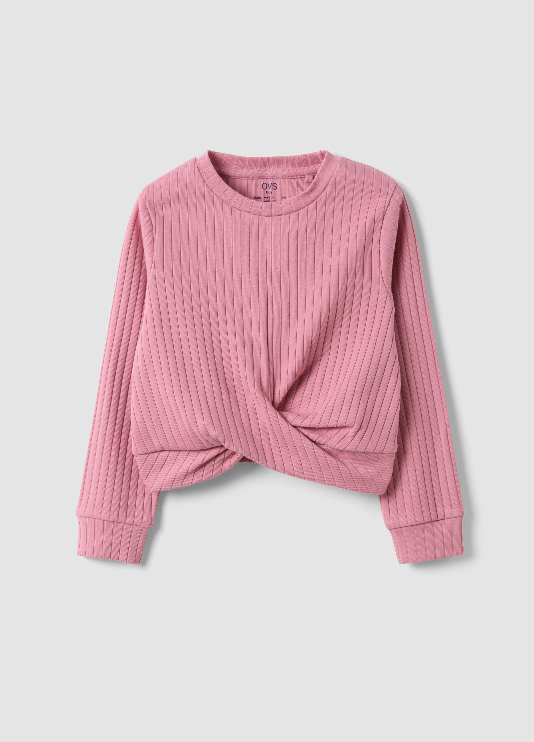 Girls&rsquo; pink cropped ribbed stretch cotton T-shirt