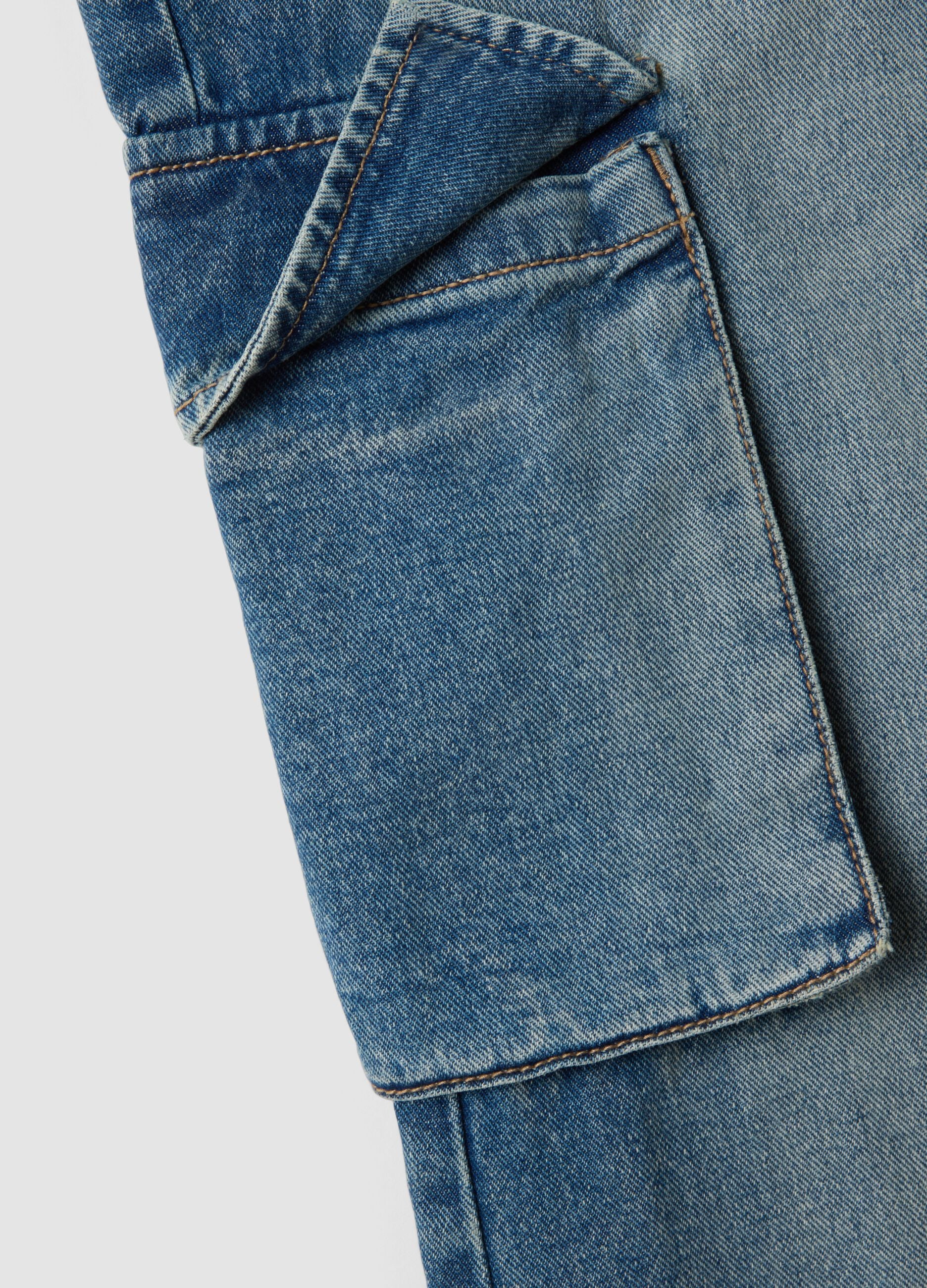 Blue pure cotton denim cargo jeans, relaxed fit for girls