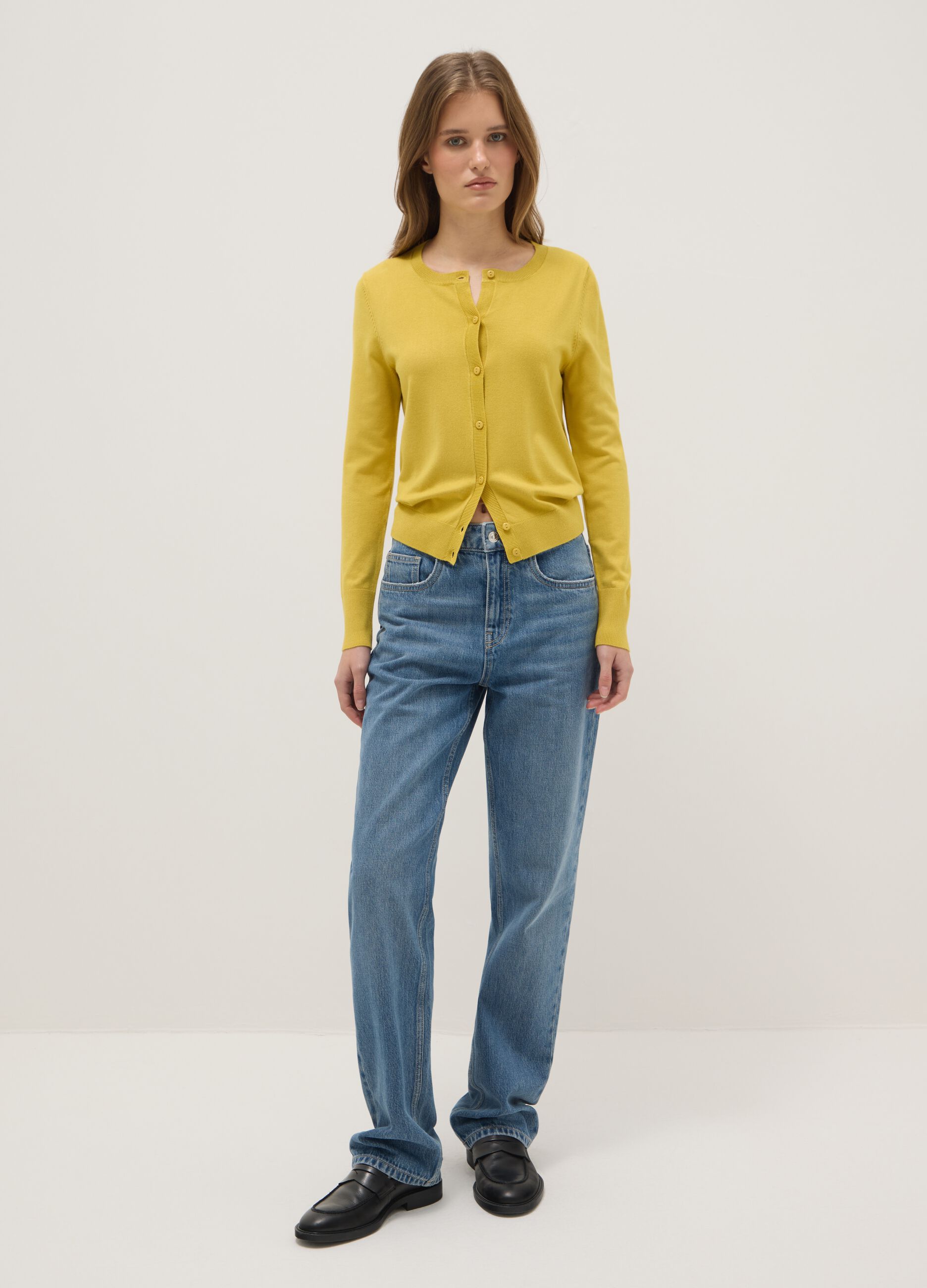 Yellow Crew Neck Regular Fit Cardigan