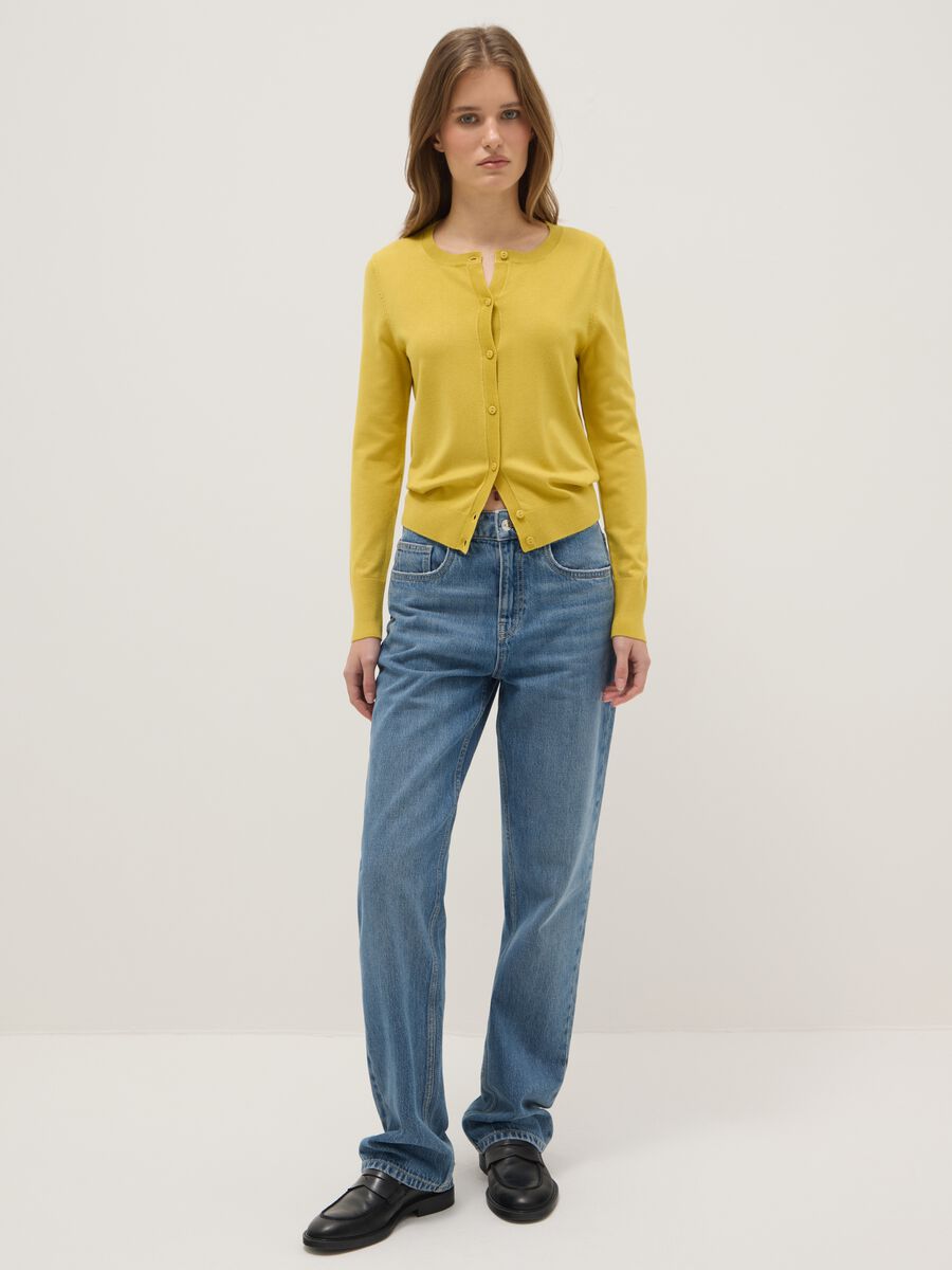 Yellow Crew Neck Regular Fit Cardigan_1