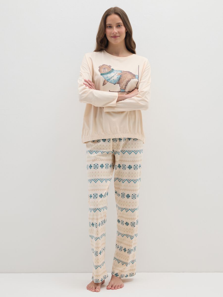 Beige pure cotton pyjamas with regular fit and prints_0