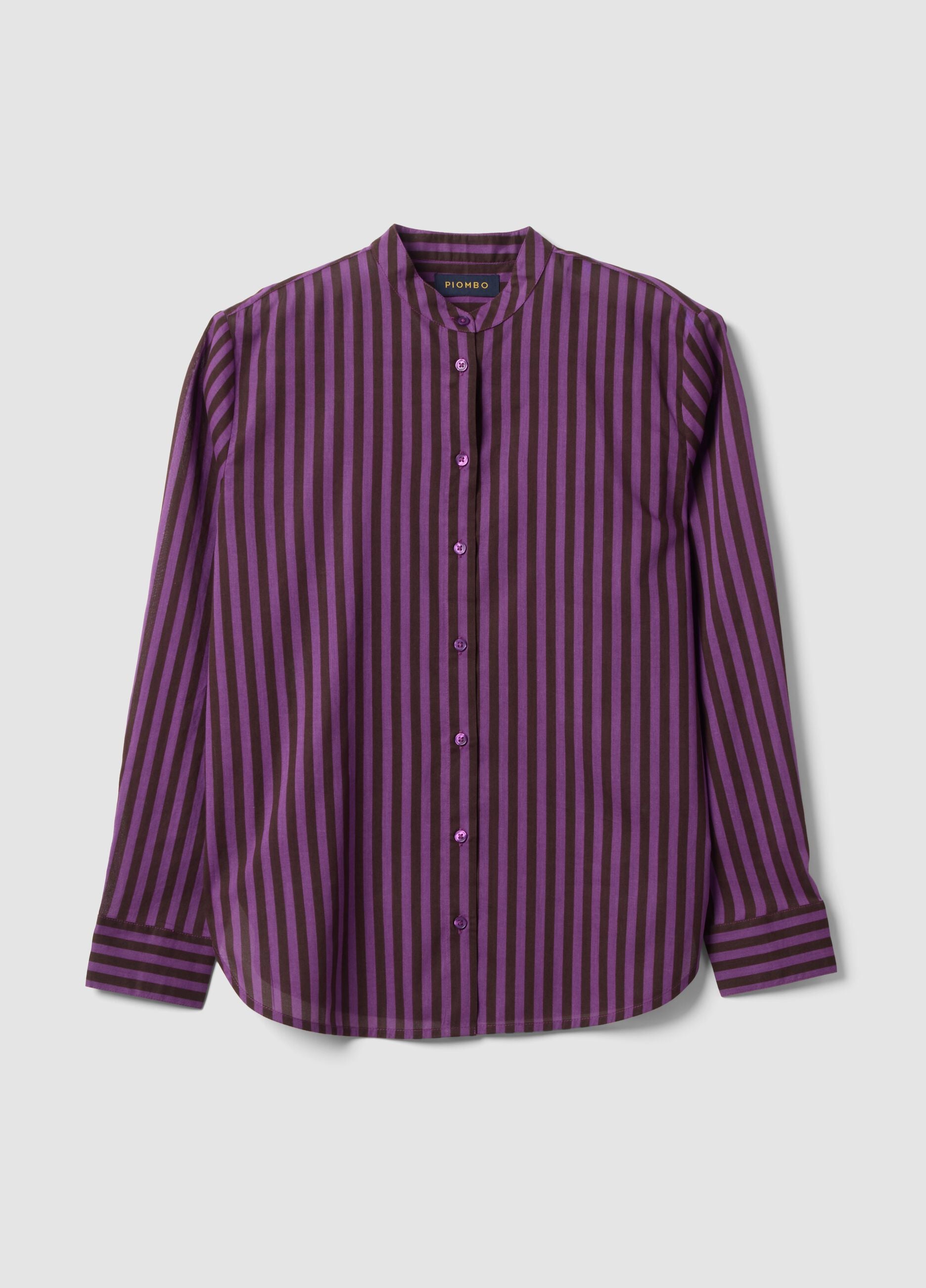 Purple pure cotton striped shirt with grandad collar, regular fit