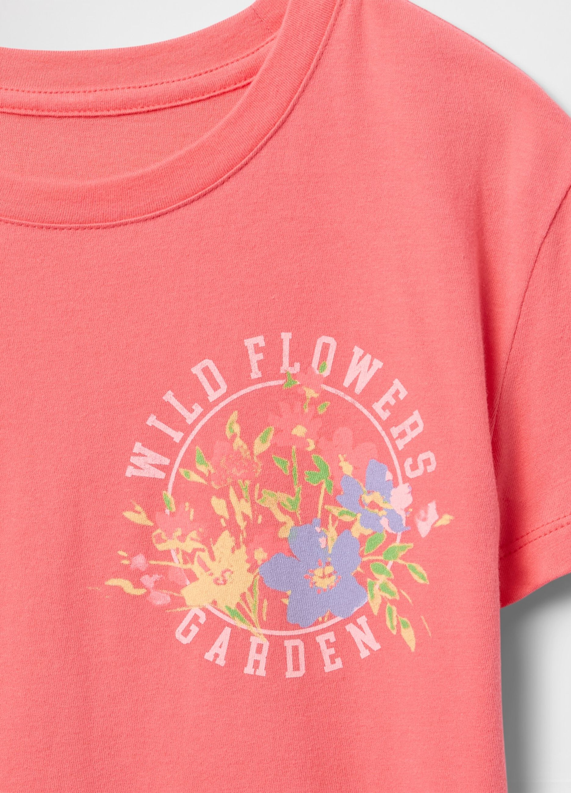 Pink cotton T-shirt with flowers print