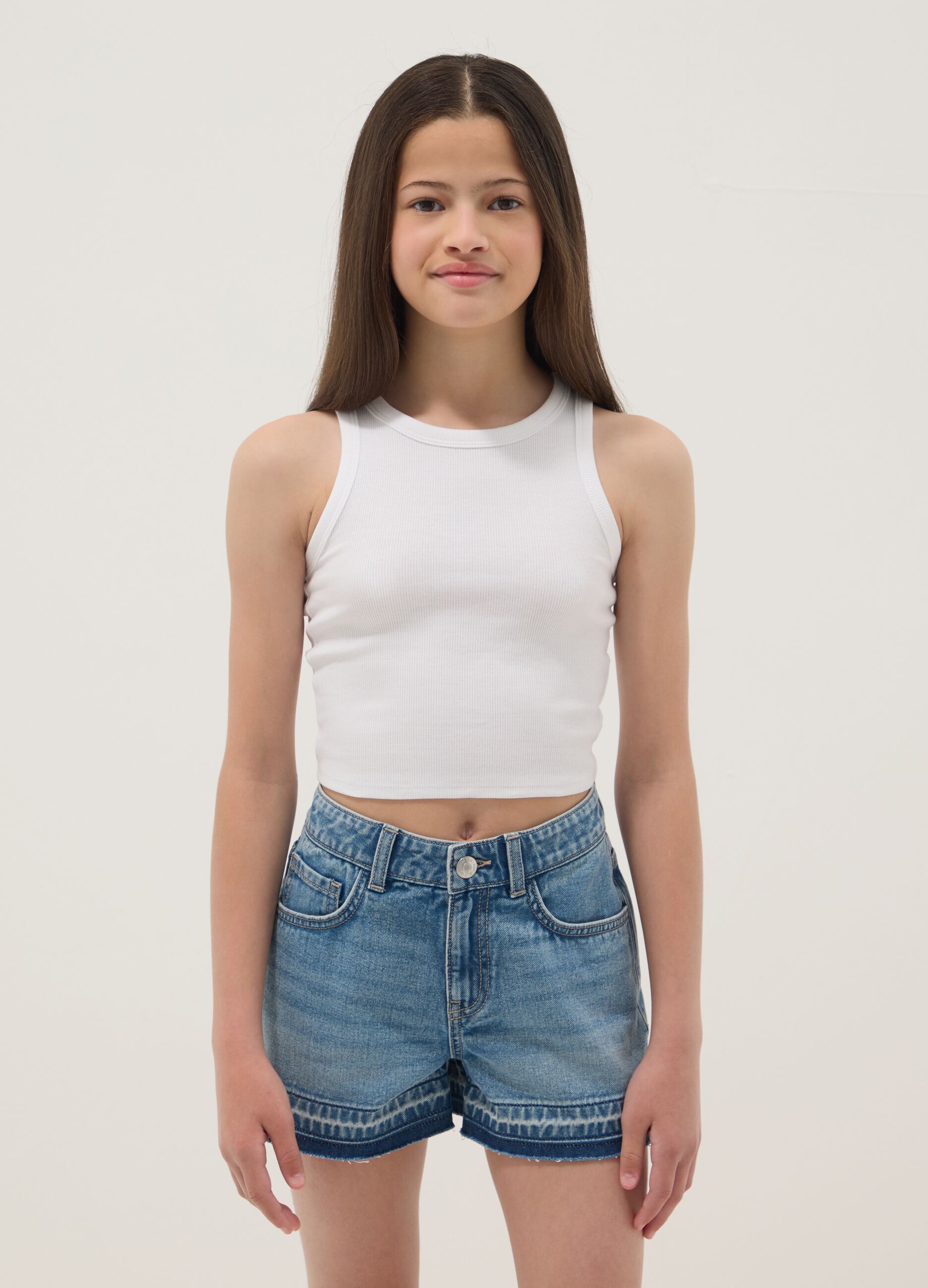 Girls&rsquo; white ribbed fitted stretch-cotton vest top