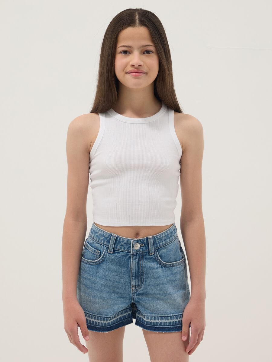 Canotta fitted bianca in cotone elasticizzato a coste da ragazza_0