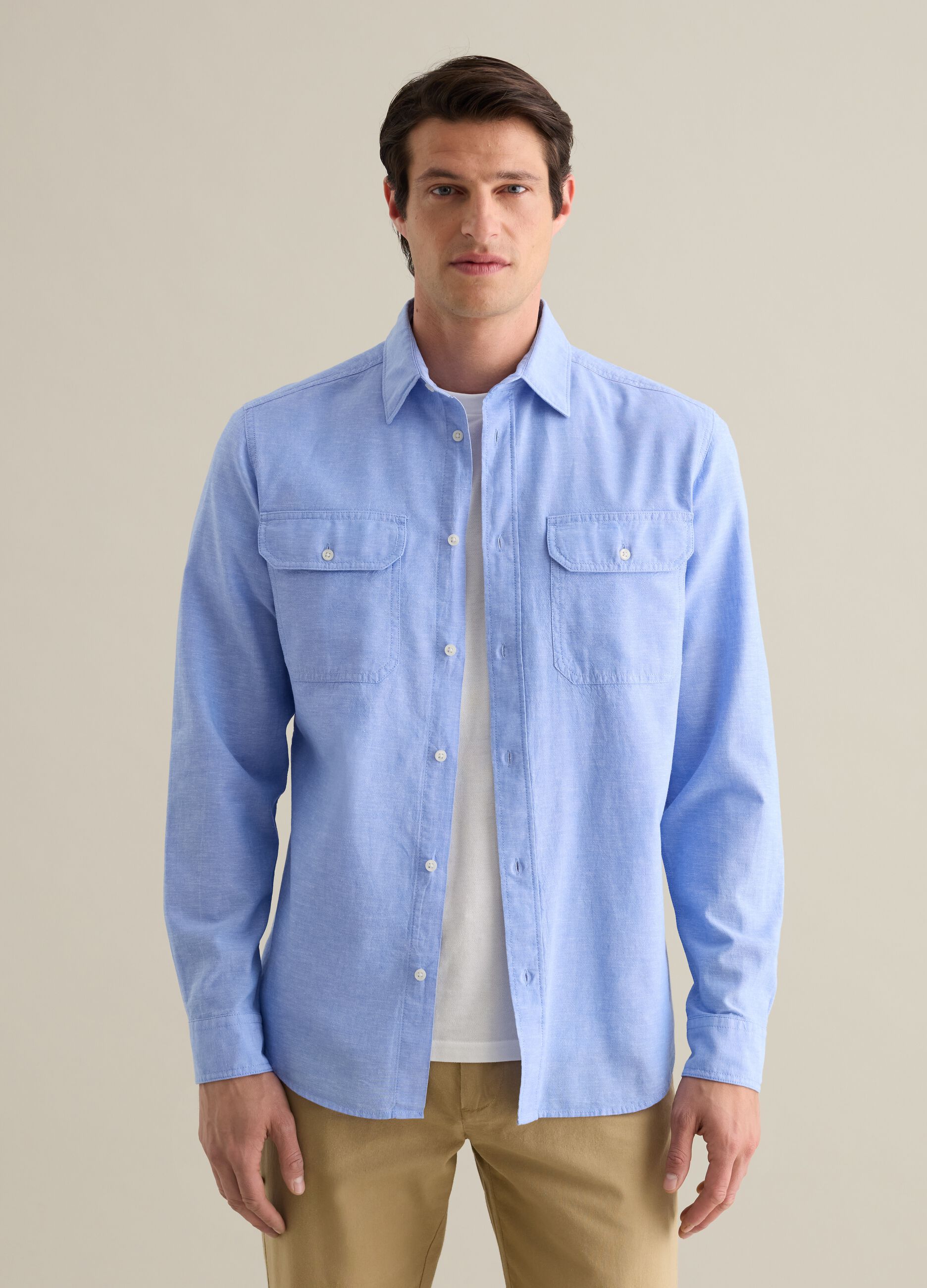 Classic Shirt in Cotton and Linen Blend Piombo