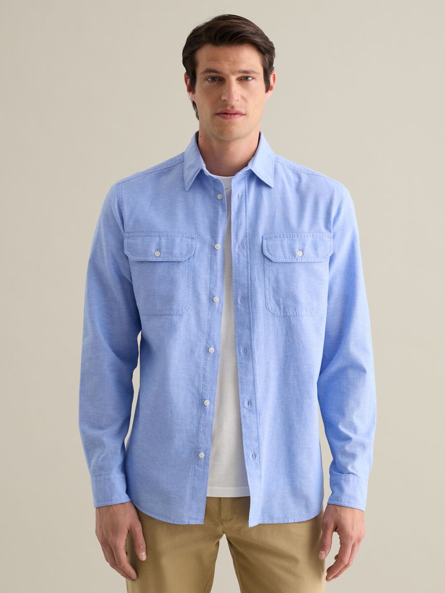 Classic Shirt in Cotton and Linen Blend Piombo_0