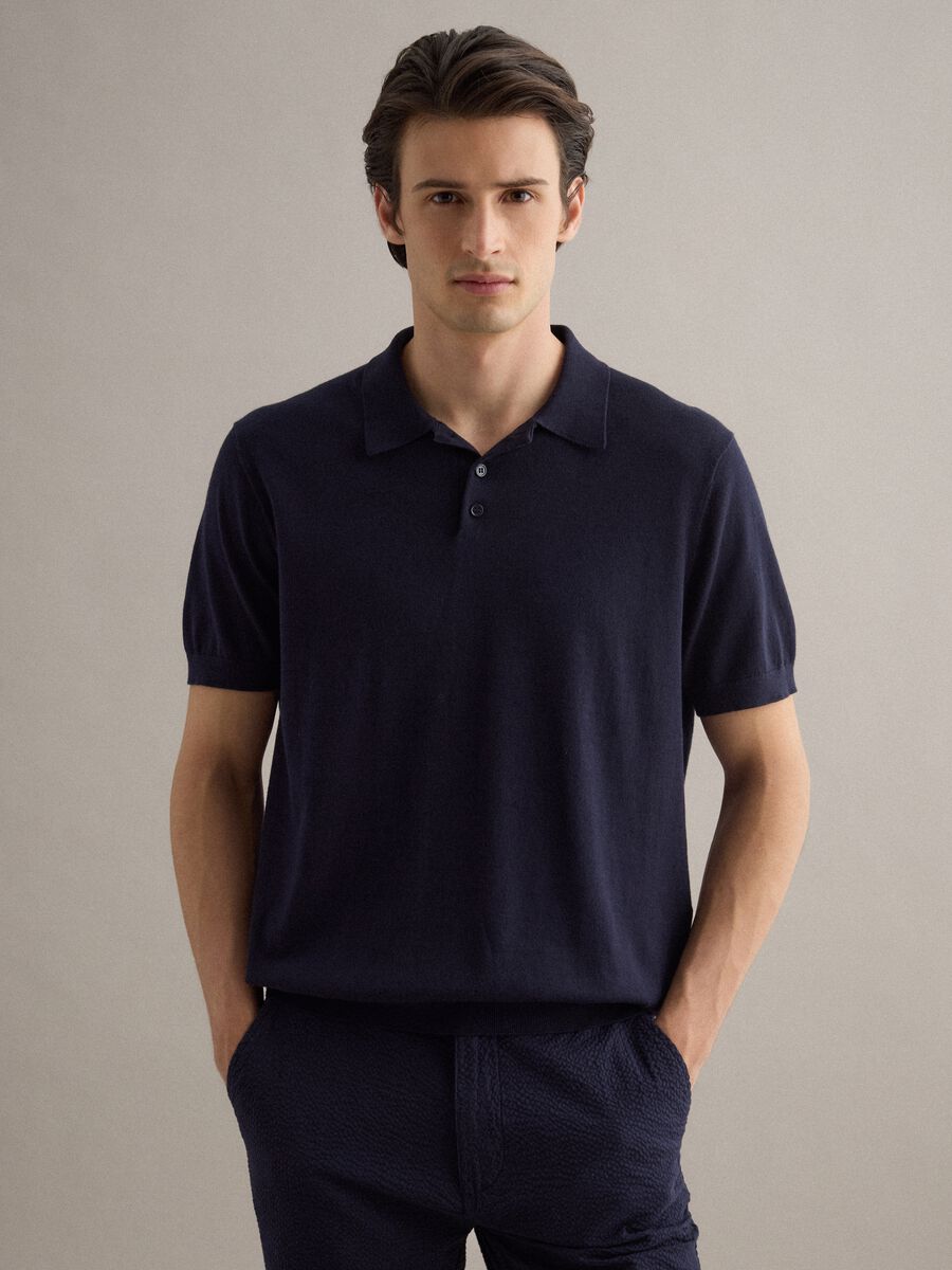 Regular fit blue polo in cotton, linen and silk blend_0