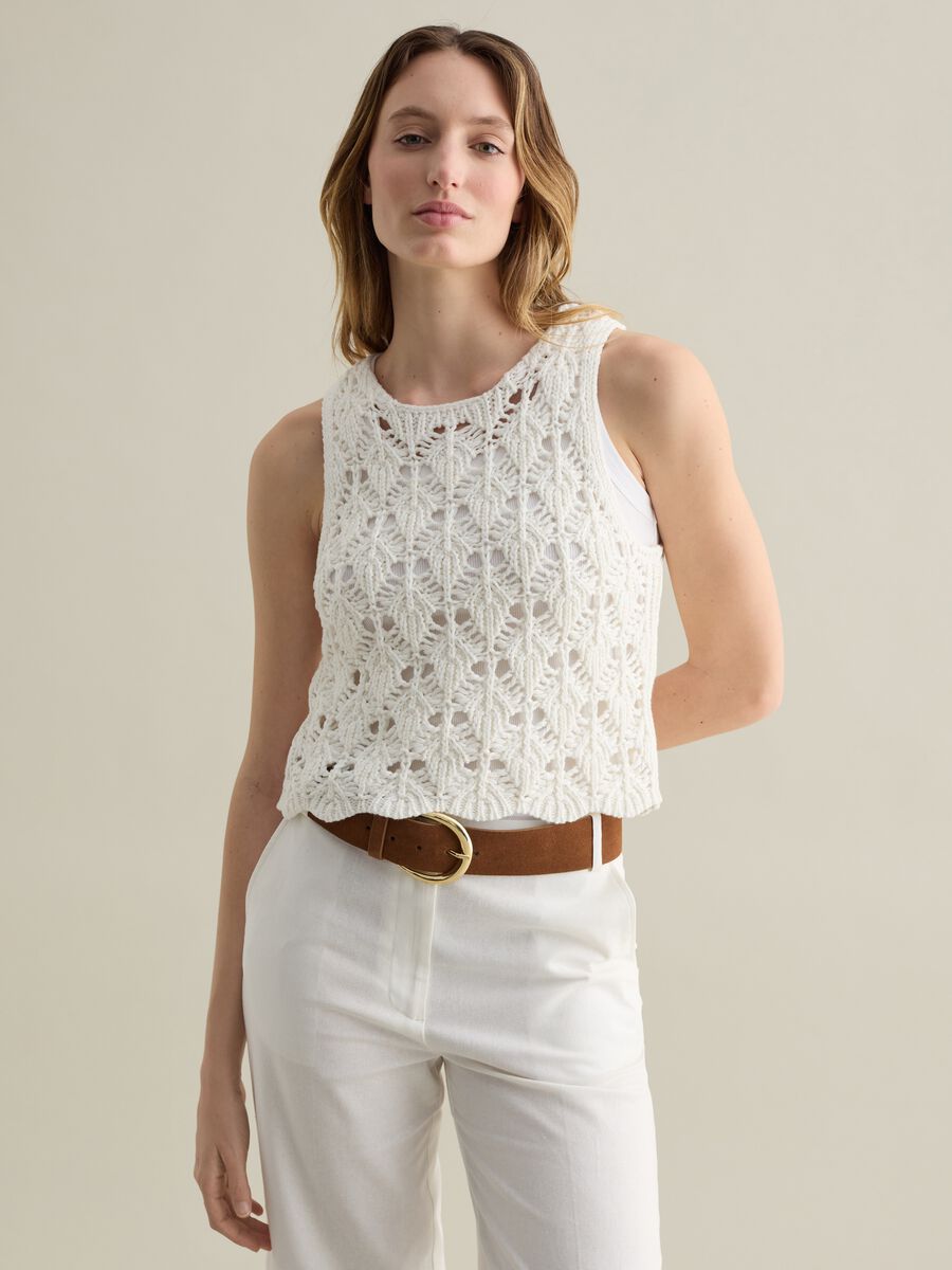 White tank top in crochet cotton_0