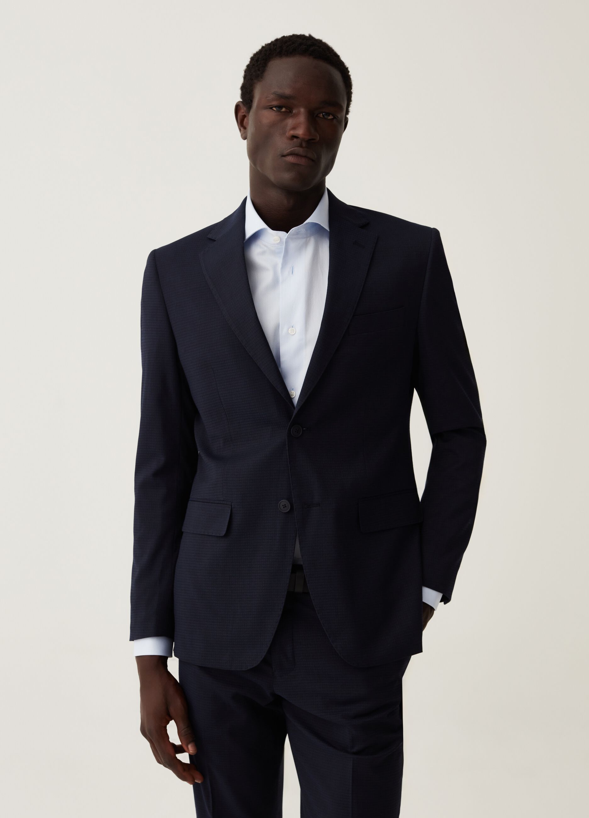Blazer slim fit micro trama a quadri blu navy_0