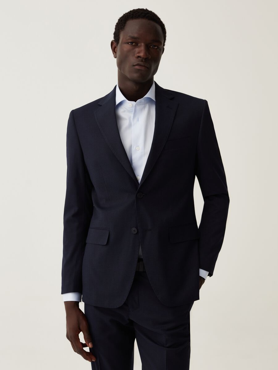 Blazer slim fit micro trama a quadri blu navy_0