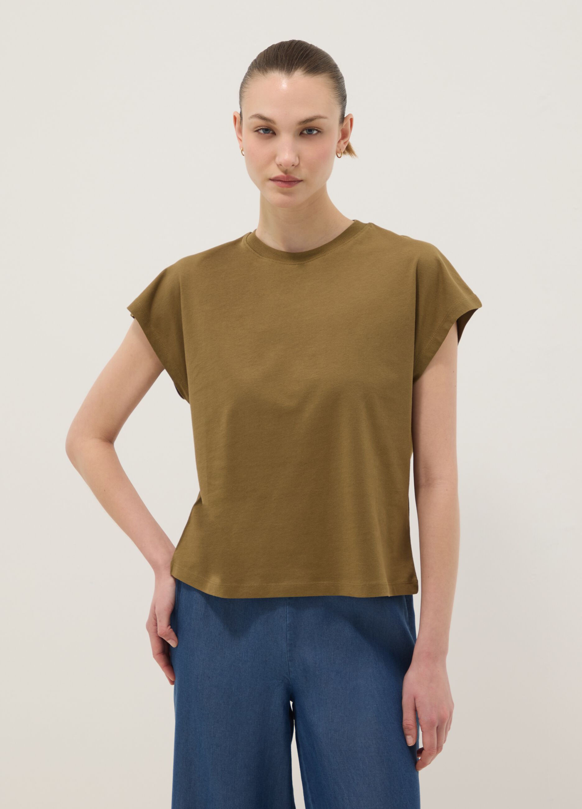 Green fitted pure cotton short-sleeve T-shirt