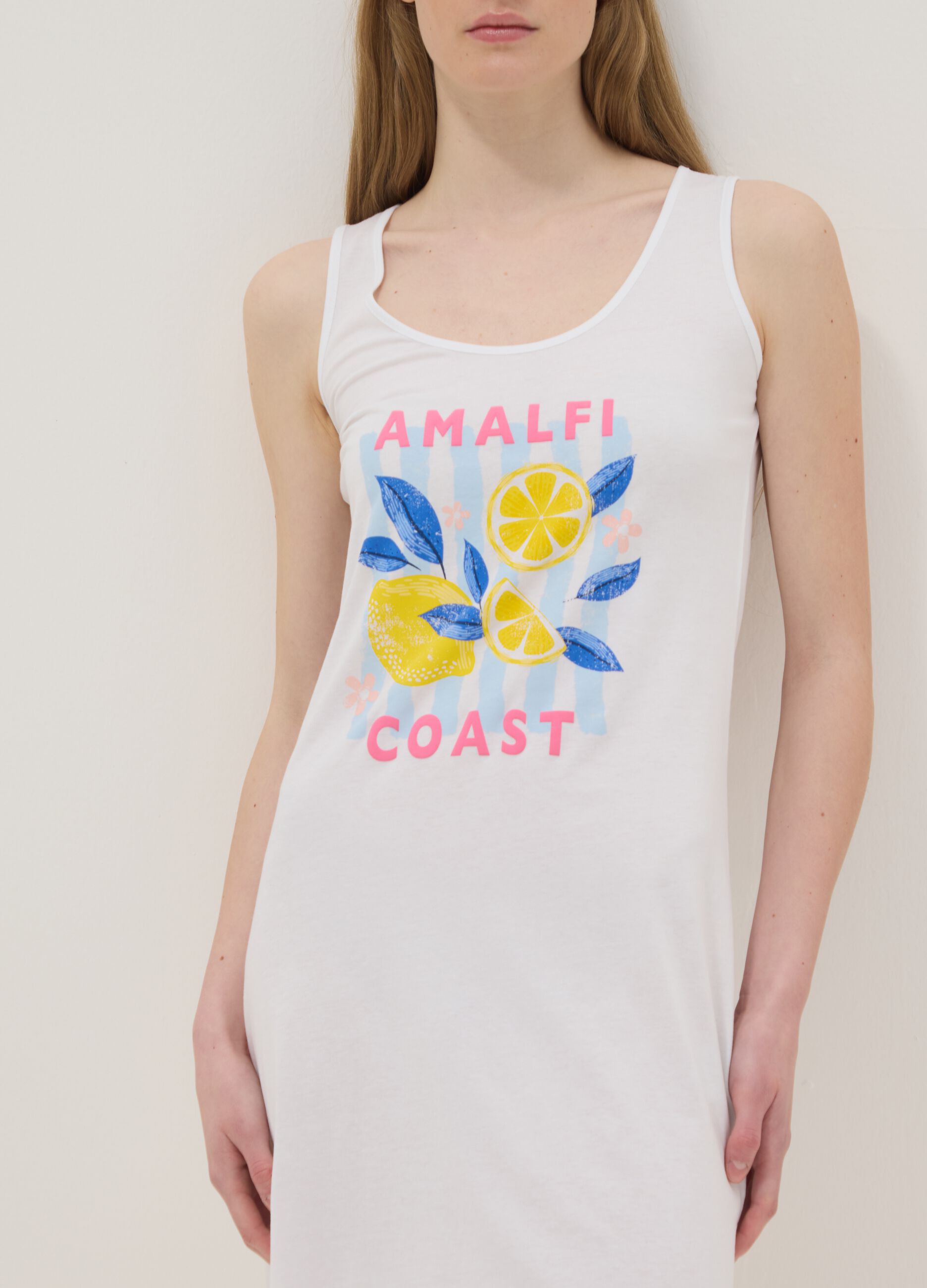 Camicia da notte senza maniche in puro cotone bianca con stampa