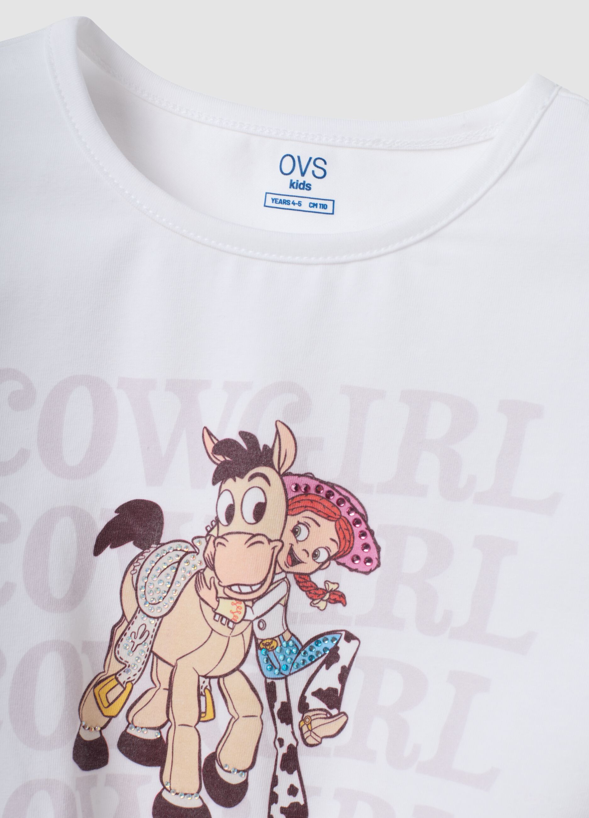 White stretch cotton T-shirt with knot and Toy Story print for girls